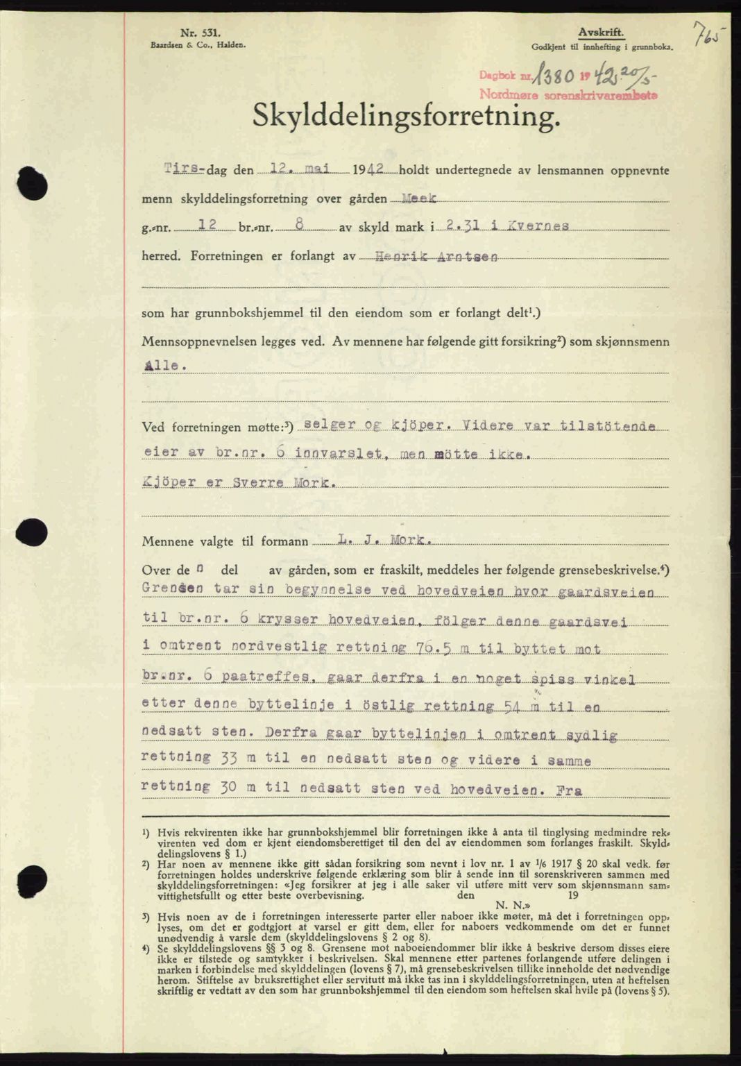 Nordmøre sorenskriveri, AV/SAT-A-4132/1/2/2Ca: Mortgage book no. A92, 1942-1942, Diary no: : 1380/1942