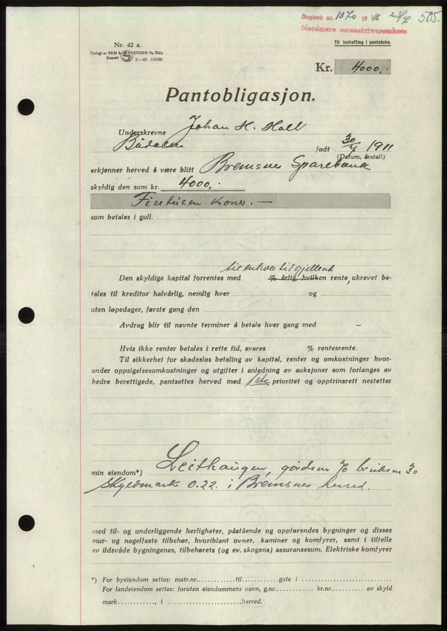 Nordmøre sorenskriveri, AV/SAT-A-4132/1/2/2Ca: Mortgage book no. B94, 1946-1946, Diary no: : 1370/1946