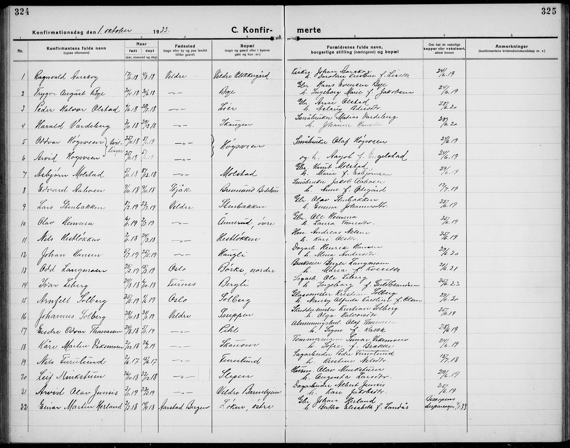 Veldre prestekontor, SAH/PREST-018/L/La/L0001: Parish register (copy) no. 1, 1921-1934, p. 324-325