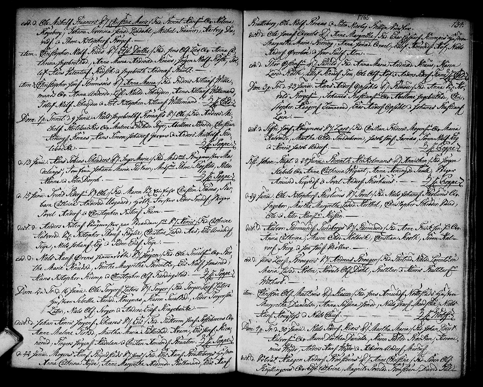 Kongsberg kirkebøker, SAKO/A-22/F/Fa/L0004: Parish register (official) no. I 4, 1756-1768, p. 134