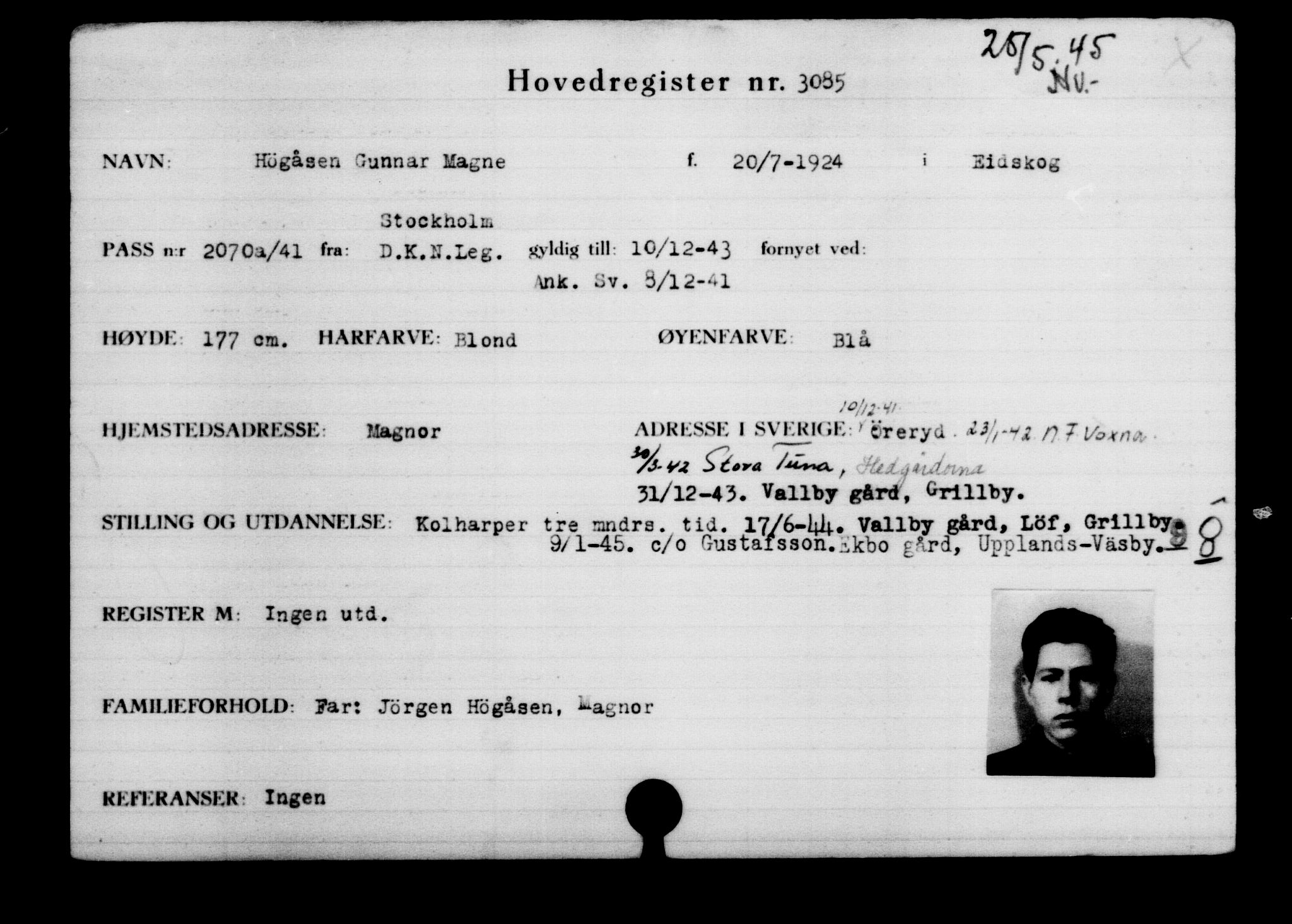 Utenriksstasjonene, Legasjonen i Stockholm, Flyktningkontoret, AV/RA-S-6753/V/Va/L0003: Kjesäterkartoteket, flyktninger med registreringsnr. 2001-3495, 1940-1945, p. 1514