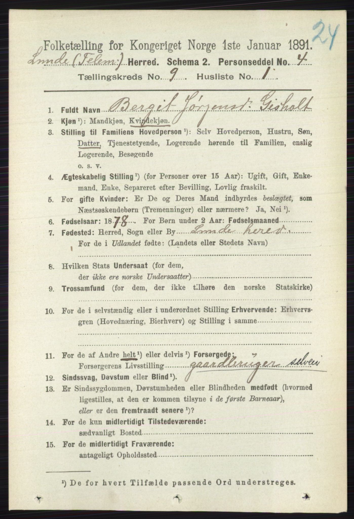 RA, 1891 census for 0820 Lunde, 1891, p. 2726