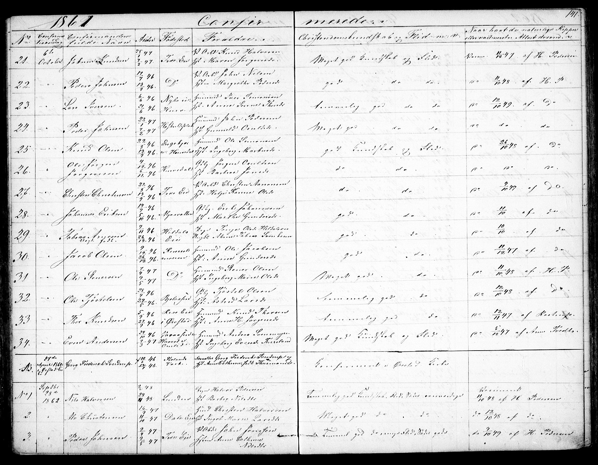 Froland sokneprestkontor, AV/SAK-1111-0013/F/Fb/L0008: Parish register (copy) no. B 8, 1843-1875, p. 141