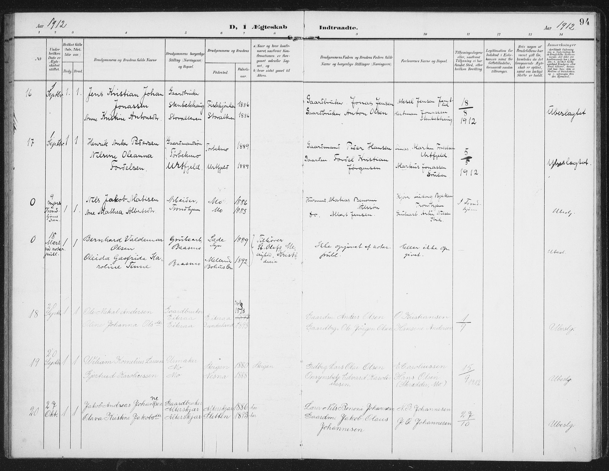 Ministerialprotokoller, klokkerbøker og fødselsregistre - Nordland, AV/SAT-A-1459/827/L0403: Parish register (official) no. 827A15, 1903-1912, p. 94