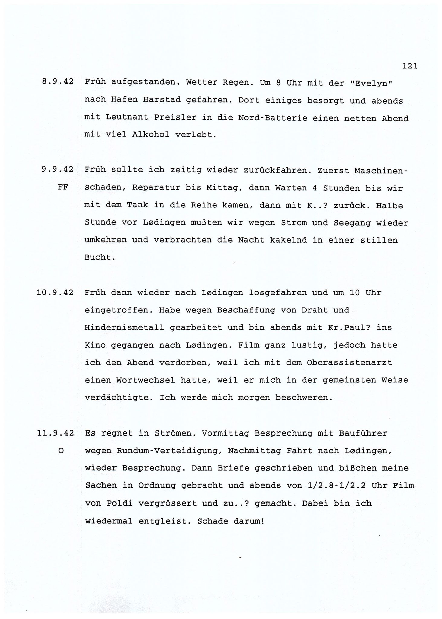 Dagbokopptegnelser av en tysk marineoffiser stasjonert i Norge , FMFB/A-1160/F/L0001: Dagbokopptegnelser av en tysk marineoffiser stasjonert i Norge, 1941-1944, p. 121