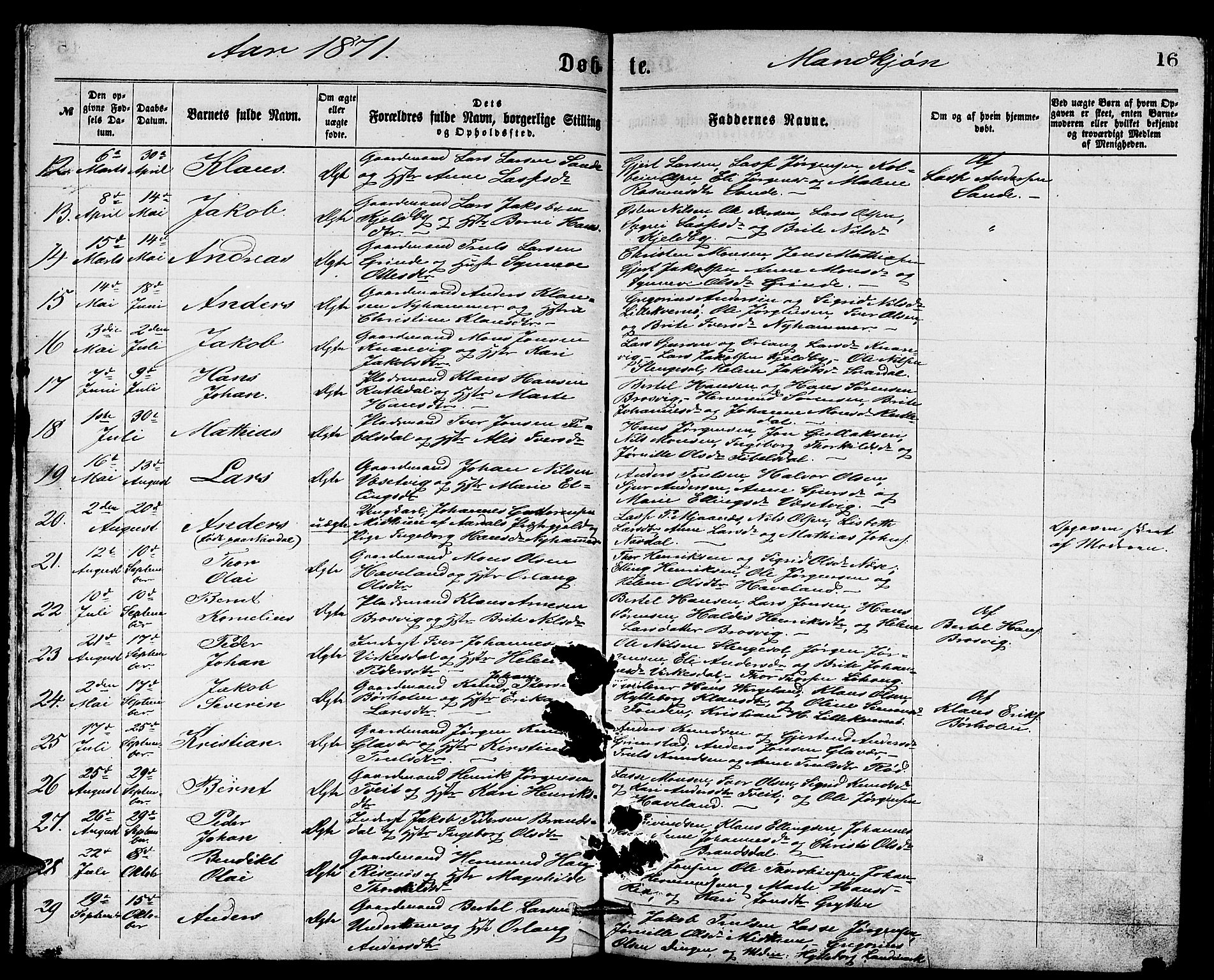 Gulen sokneprestembete, AV/SAB-A-80201/H/Hab/Habb/L0002: Parish register (copy) no. B 2, 1867-1883, p. 16