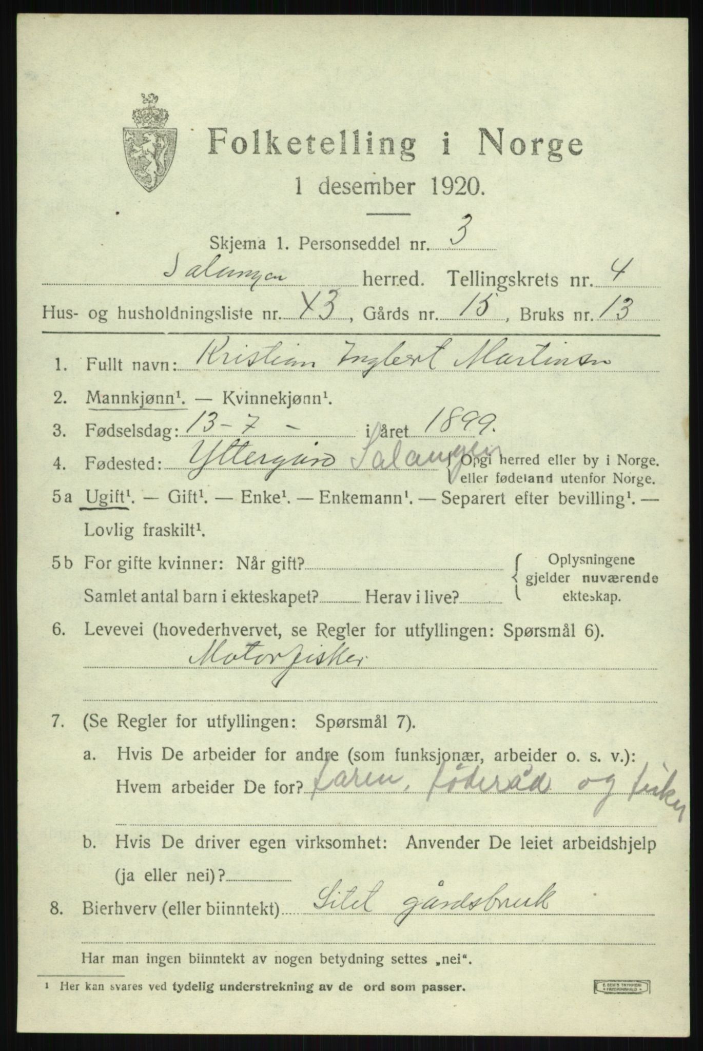 SATØ, 1920 census for Salangen, 1920, p. 2306