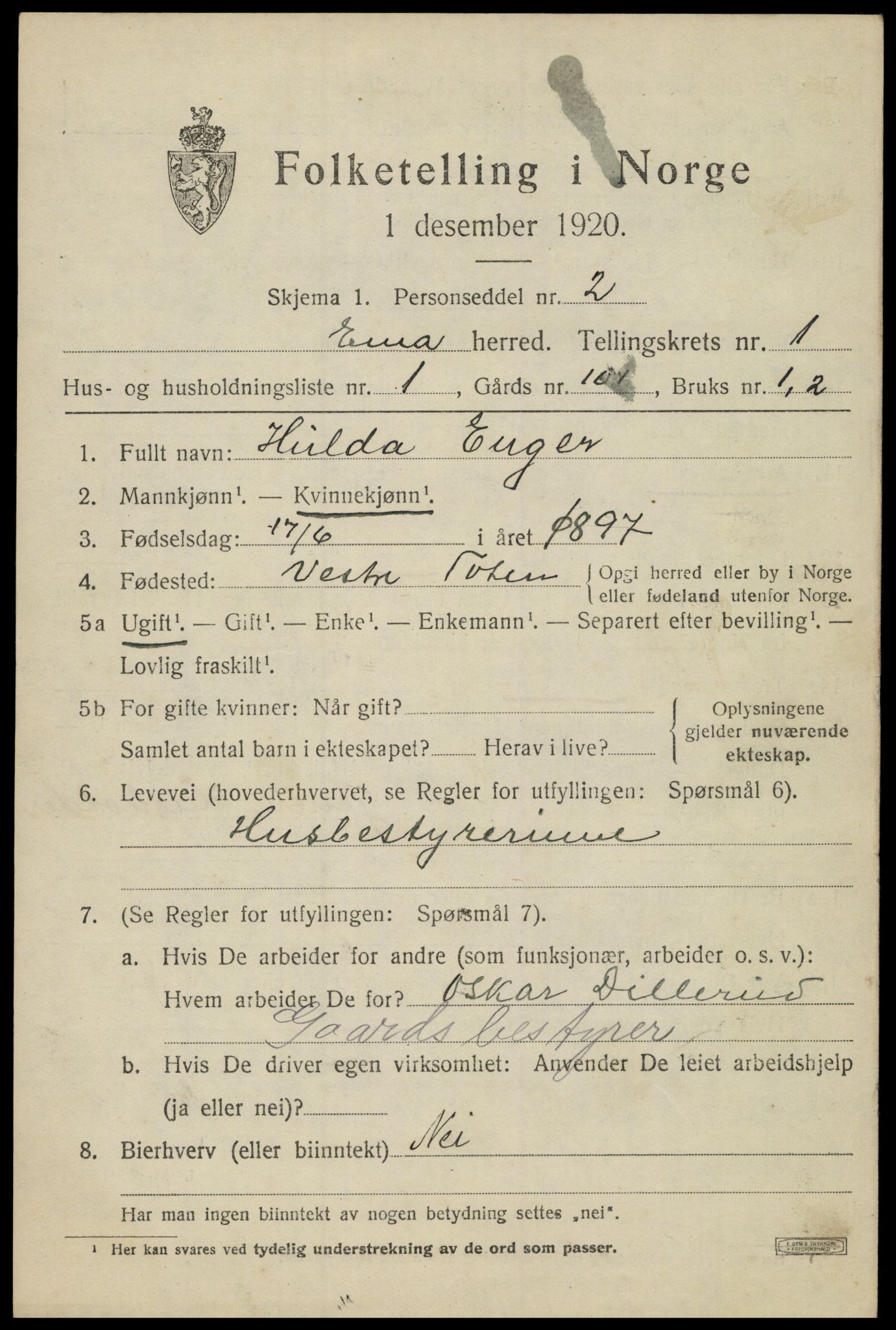 SAH, 1920 census for Eina, 1920, p. 516