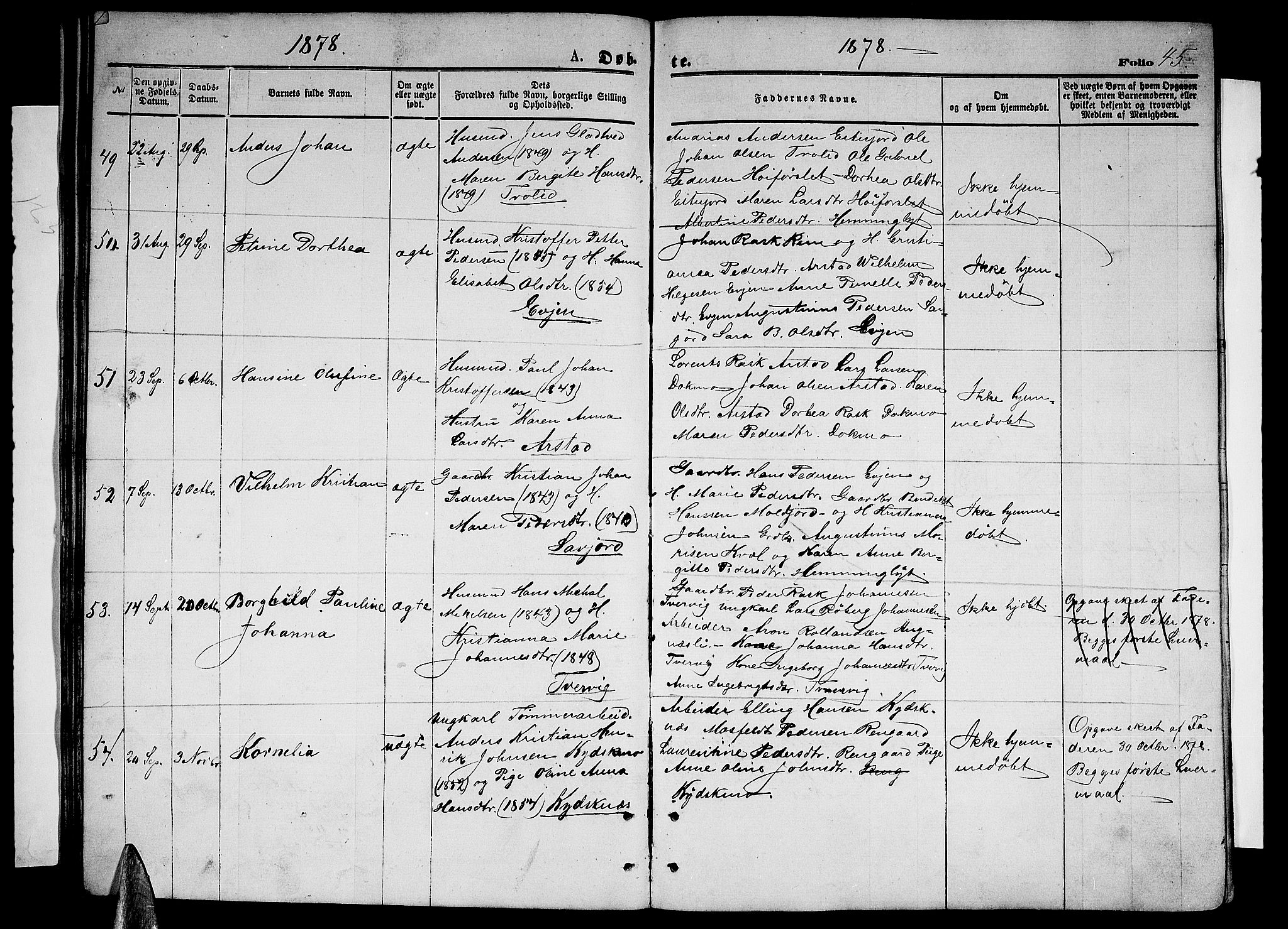 Ministerialprotokoller, klokkerbøker og fødselsregistre - Nordland, AV/SAT-A-1459/846/L0653: Parish register (copy) no. 846C03, 1872-1887, p. 45