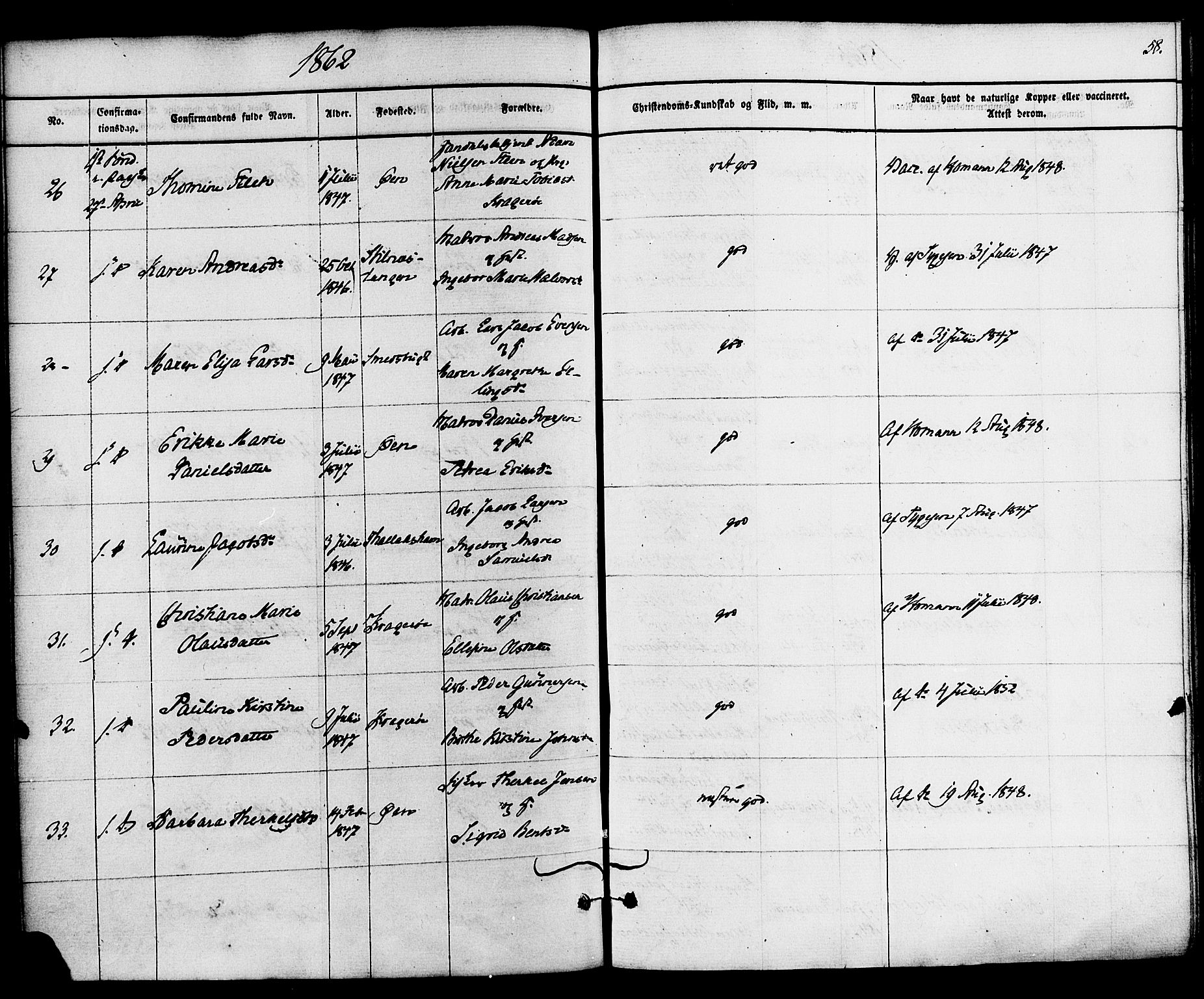 Kragerø kirkebøker, AV/SAKO-A-278/F/Fa/L0008: Parish register (official) no. 8, 1856-1880, p. 58