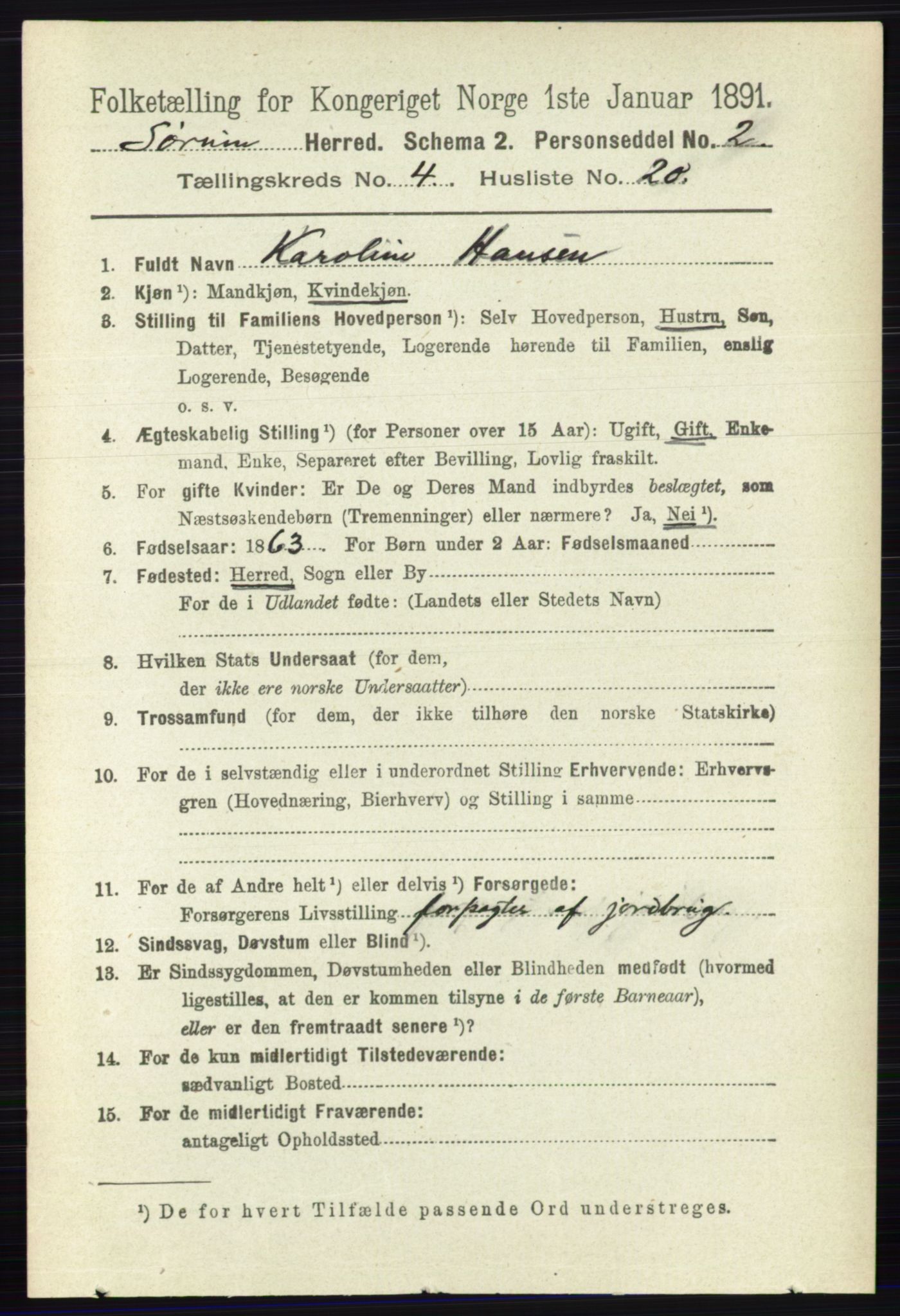 RA, 1891 census for 0226 Sørum, 1891, p. 2007