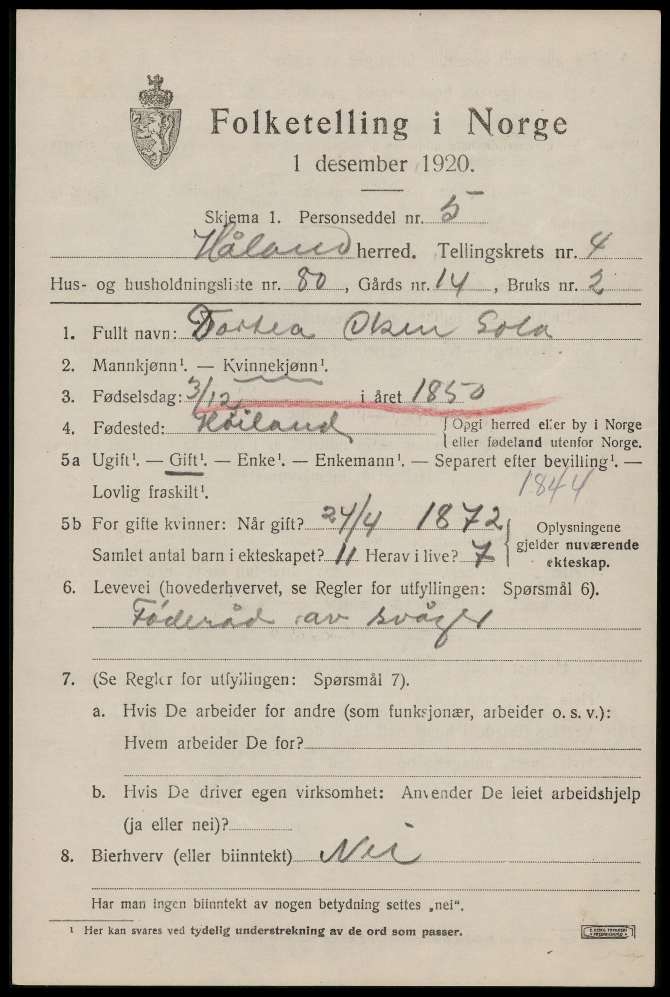 SAST, 1920 census for Håland, 1920, p. 4513