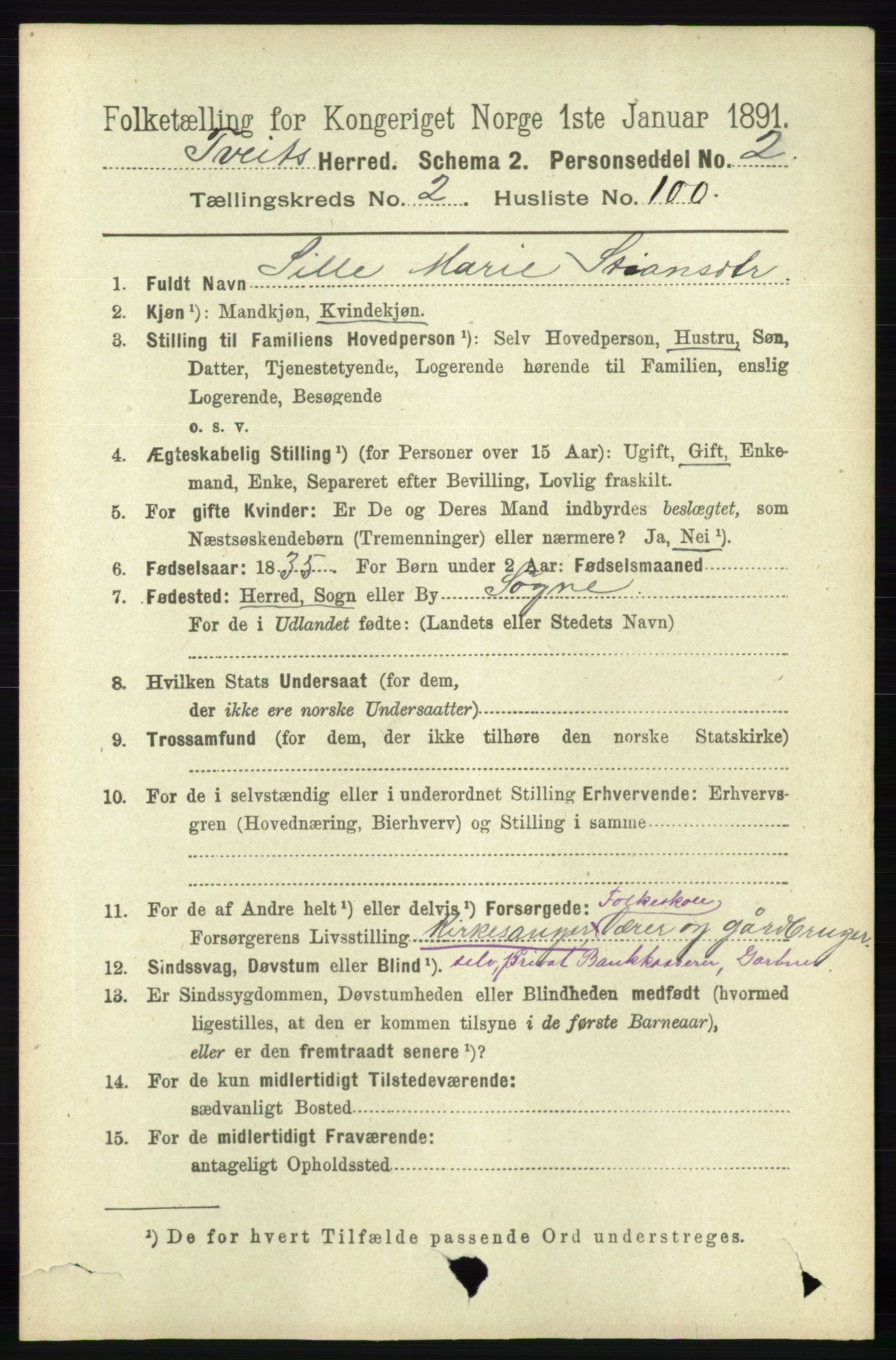 RA, 1891 census for 1013 Tveit, 1891, p. 1083