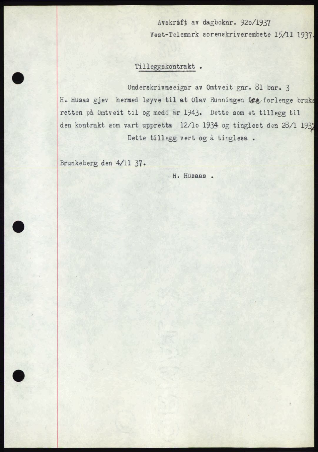 Vest-Telemark sorenskriveri, AV/SAKO-A-134/G/Ga/Gad/L0001: Mortgage book no. B-1, 1937-1938, Diary no: : 920/1937