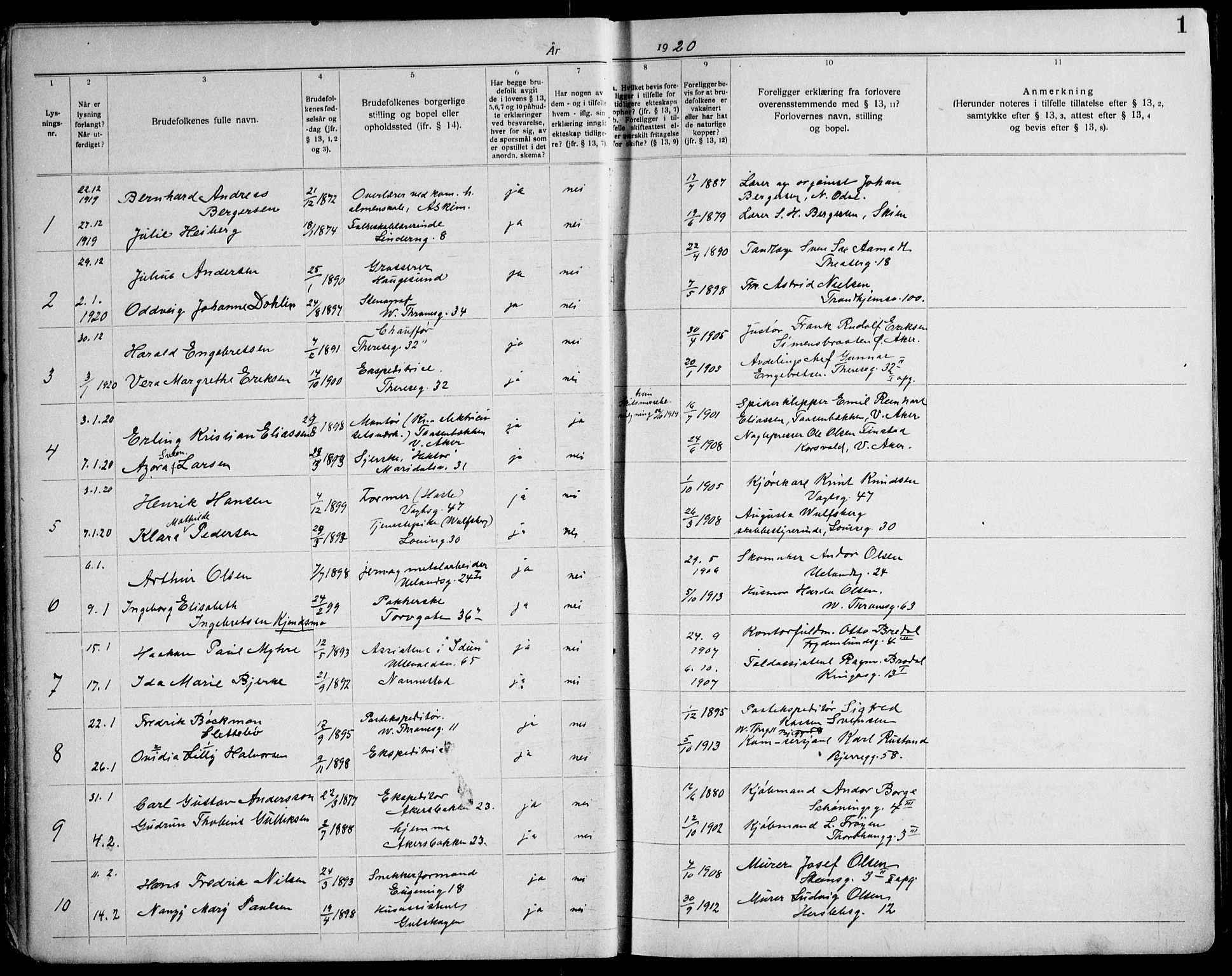 Gamle Aker prestekontor Kirkebøker, SAO/A-10617a/H/L0006: Banns register no. 6, 1920-1928, p. 1