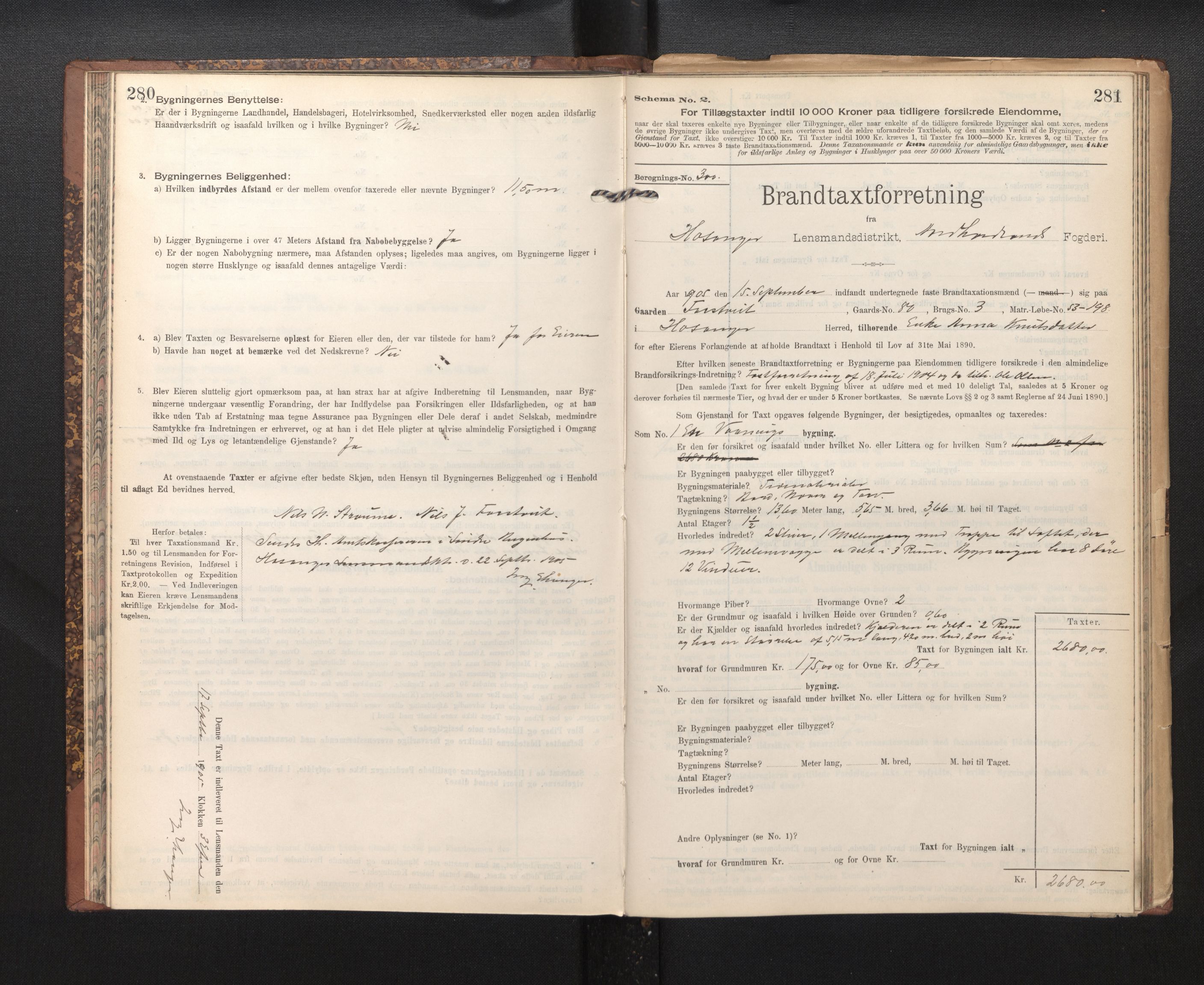 Lensmannen i Hosanger, AV/SAB-A-33001/0012/L0005: Branntakstprotokoll, skjematakst, 1905-1916, p. 280-281
