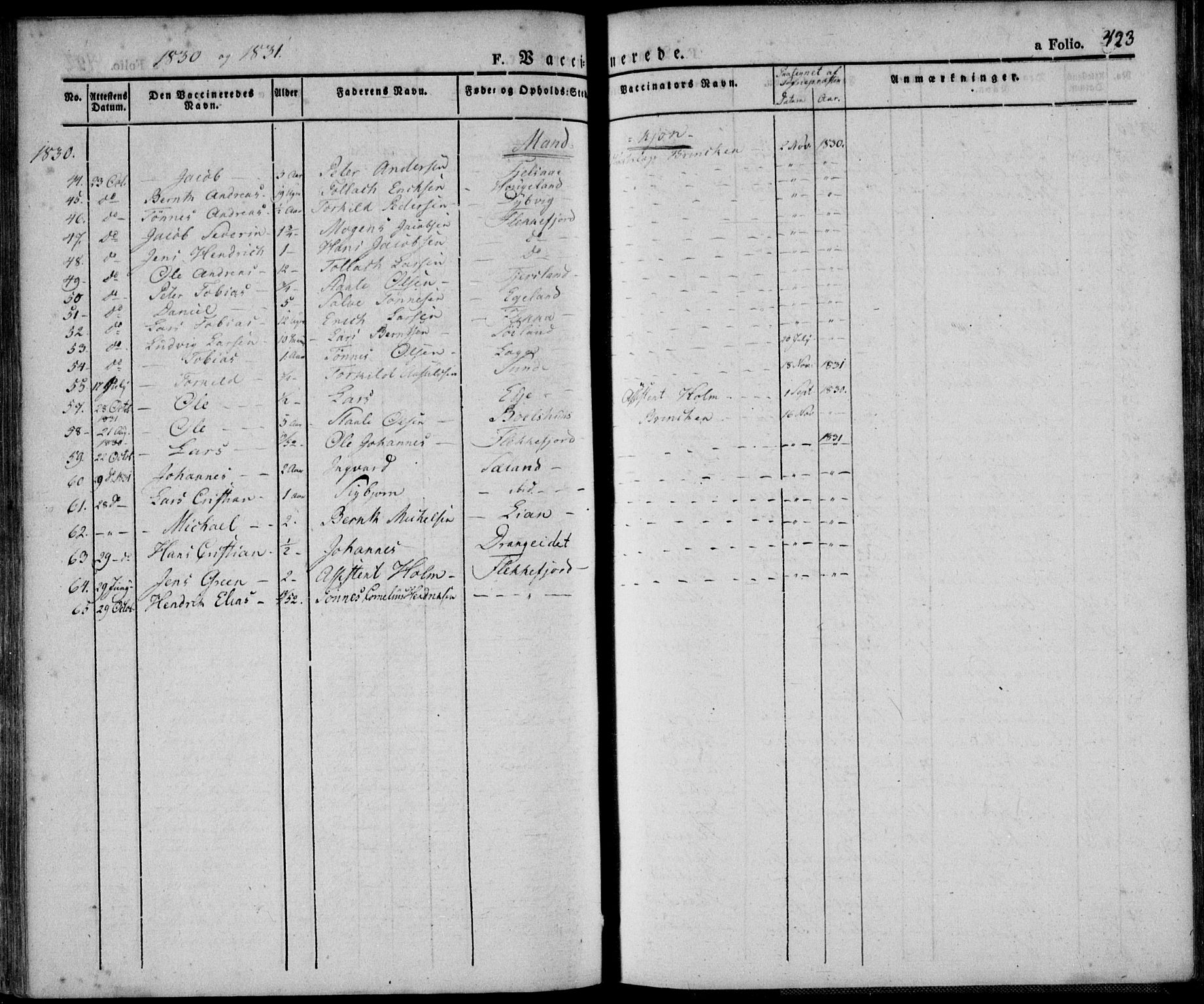 Flekkefjord sokneprestkontor, AV/SAK-1111-0012/F/Fa/Fac/L0003: Parish register (official) no. A 3, 1826-1841, p. 423