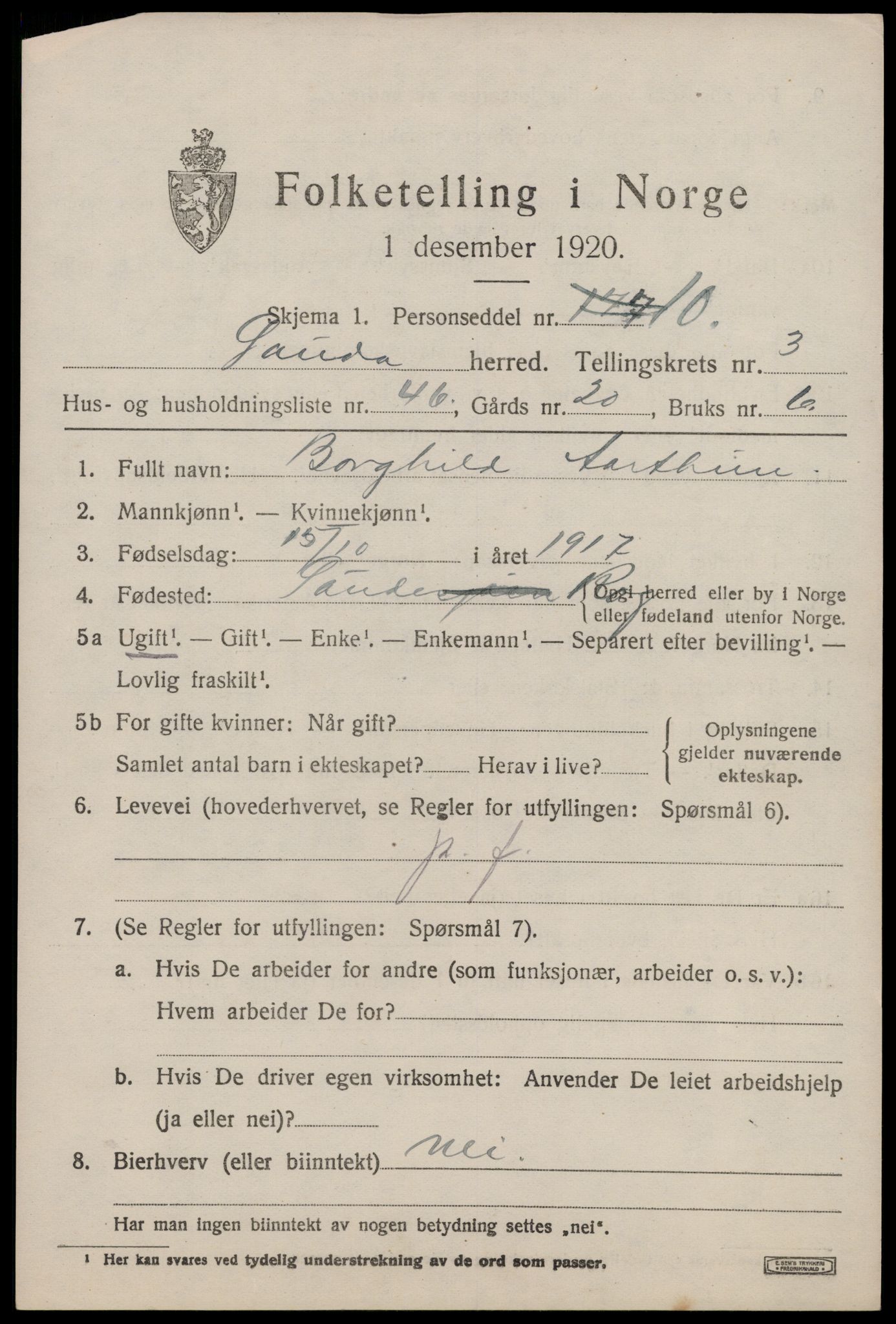 SAST, 1920 census for Sauda, 1920, p. 1474