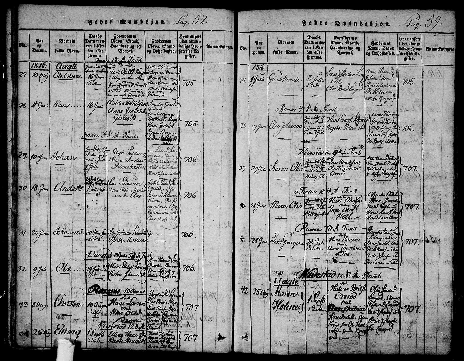 Ramnes kirkebøker, SAKO/A-314/F/Fa/L0004: Parish register (official) no. I 4, 1813-1840, p. 58-59