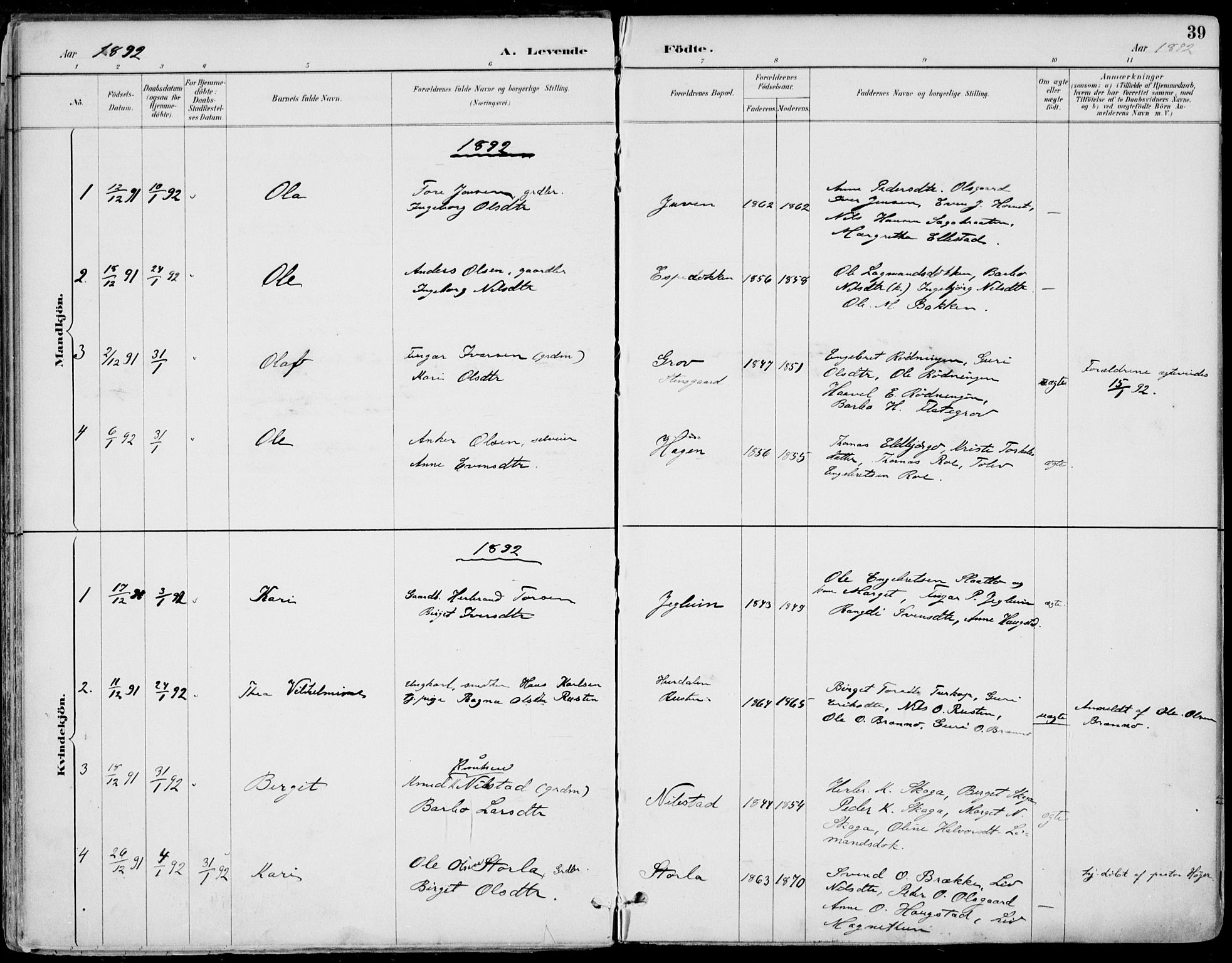 Gol kirkebøker, SAKO/A-226/F/Fa/L0005: Parish register (official) no. I 5, 1887-1900, p. 39