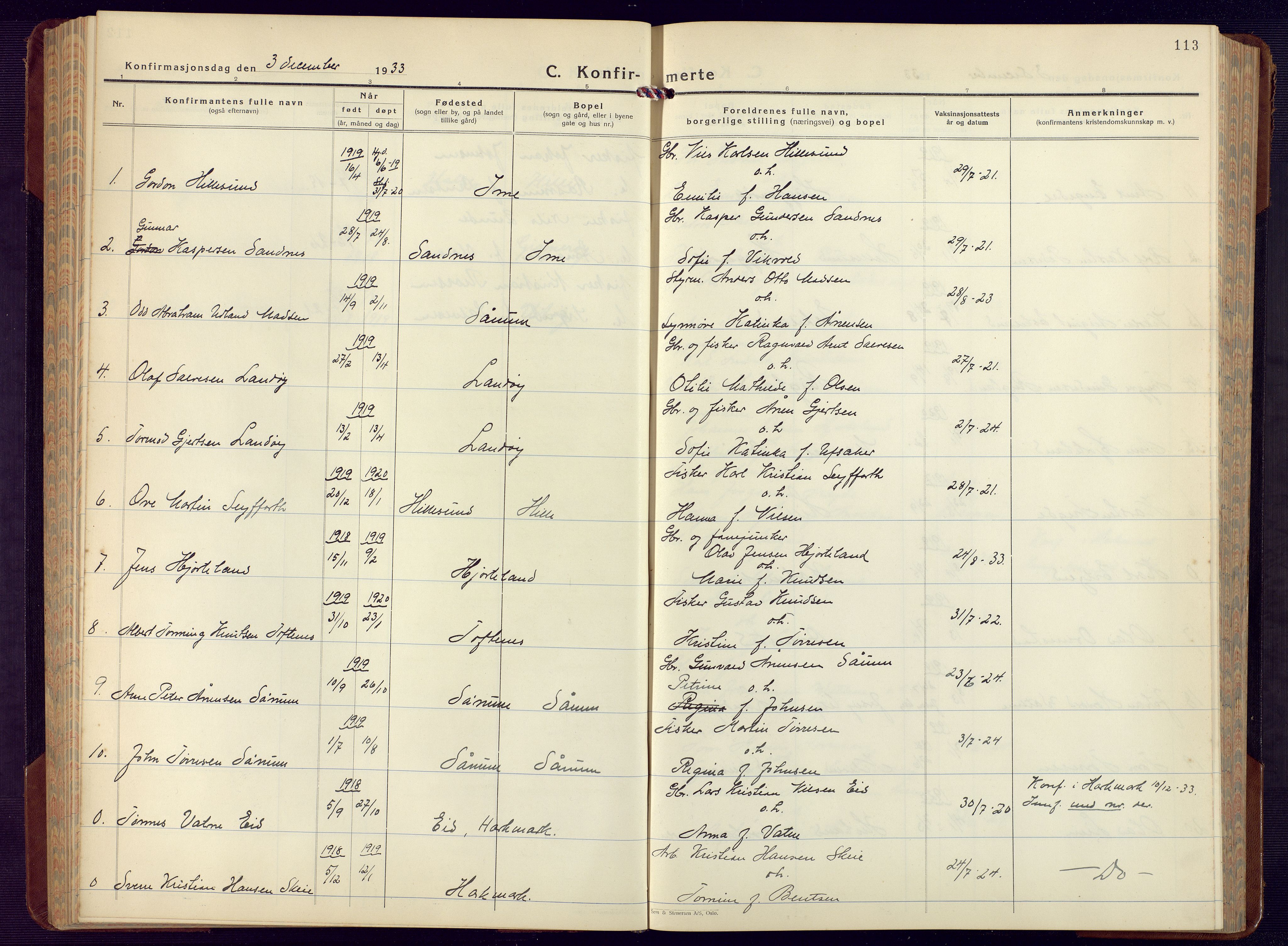 Mandal sokneprestkontor, AV/SAK-1111-0030/F/Fb/Fba/L0014: Parish register (copy) no. B 8, 1932-1952, p. 113