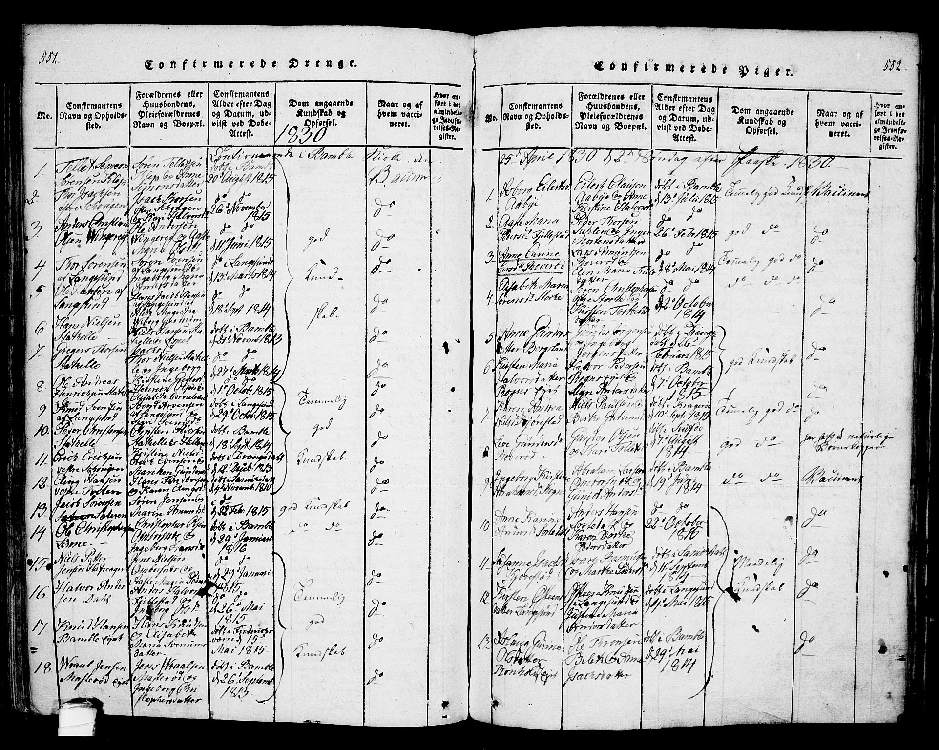 Bamble kirkebøker, SAKO/A-253/F/Fa/L0003: Parish register (official) no. I 3 /1, 1814-1834, p. 551-552