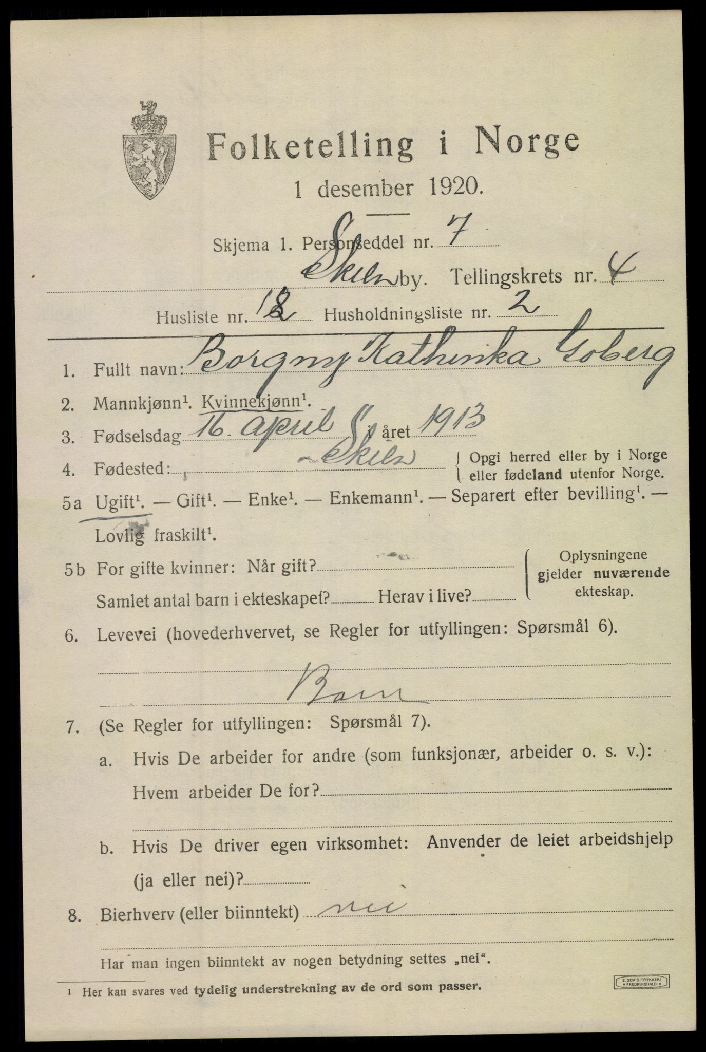 SAKO, 1920 census for Skien, 1920, p. 16938