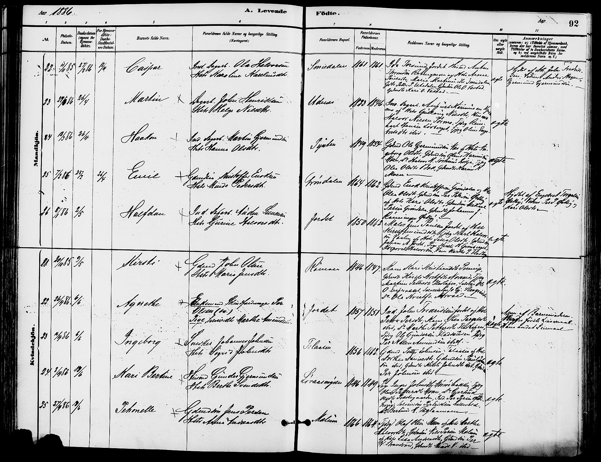 Trysil prestekontor, AV/SAH-PREST-046/H/Ha/Haa/L0008: Parish register (official) no. 8, 1881-1897, p. 92