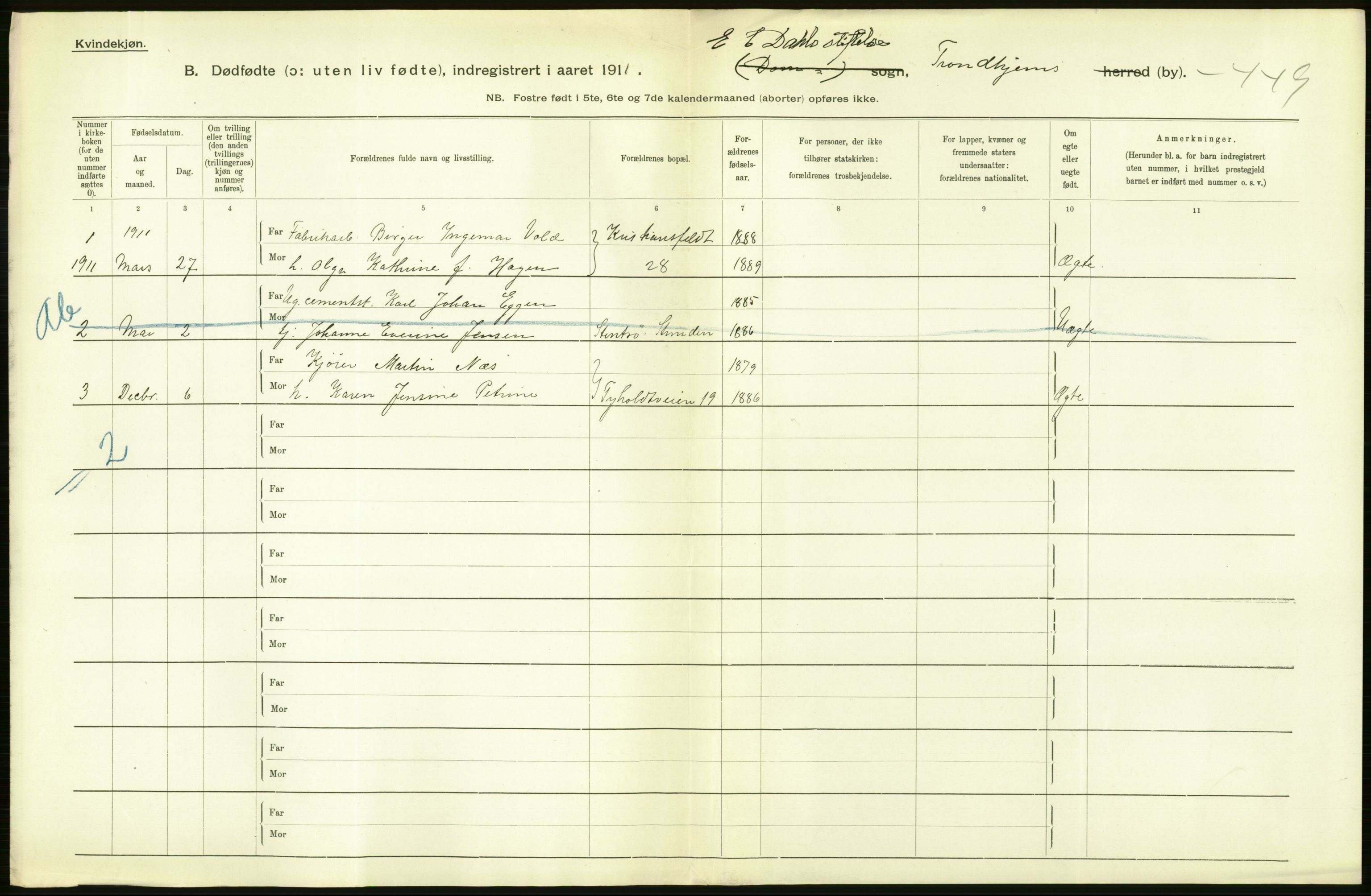 Statistisk sentralbyrå, Sosiodemografiske emner, Befolkning, AV/RA-S-2228/D/Df/Dfb/Dfba/L0041: Trondhjem:  Levendefødte menn og kvinner, gifte, døde, dødfødte., 1911, p. 190