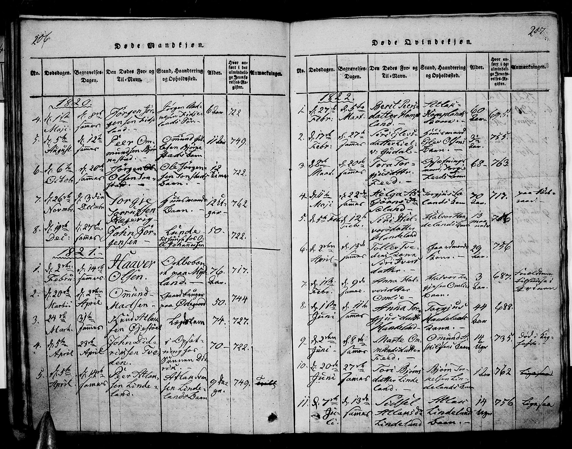 Sirdal sokneprestkontor, AV/SAK-1111-0036/F/Fa/Fab/L0001: Parish register (official) no. A 1, 1815-1834, p. 206-207