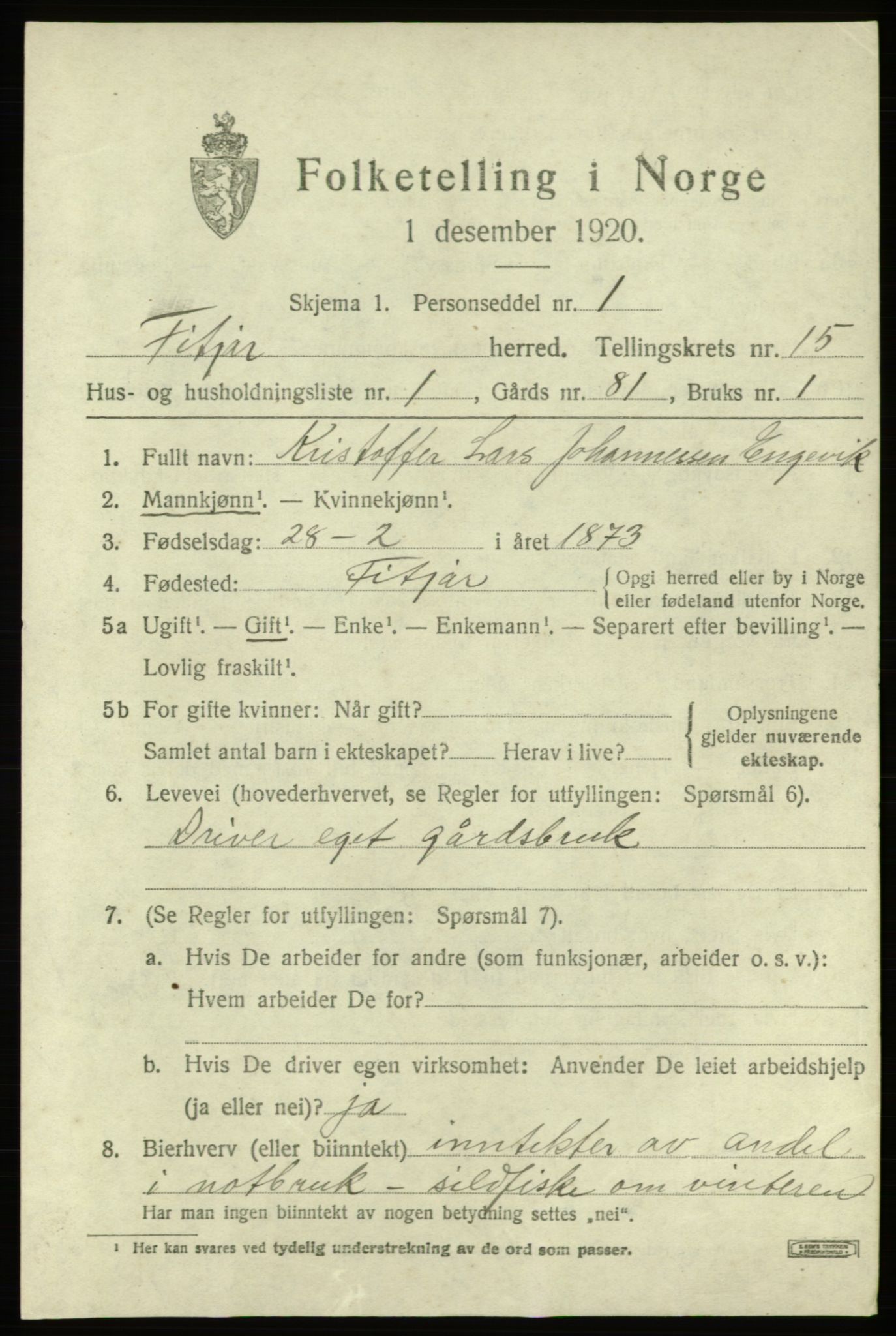 SAB, 1920 census for Fitjar, 1920, p. 6140