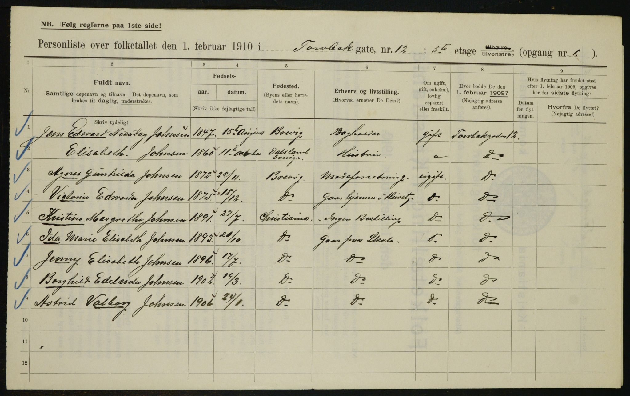 OBA, Municipal Census 1910 for Kristiania, 1910, p. 109287