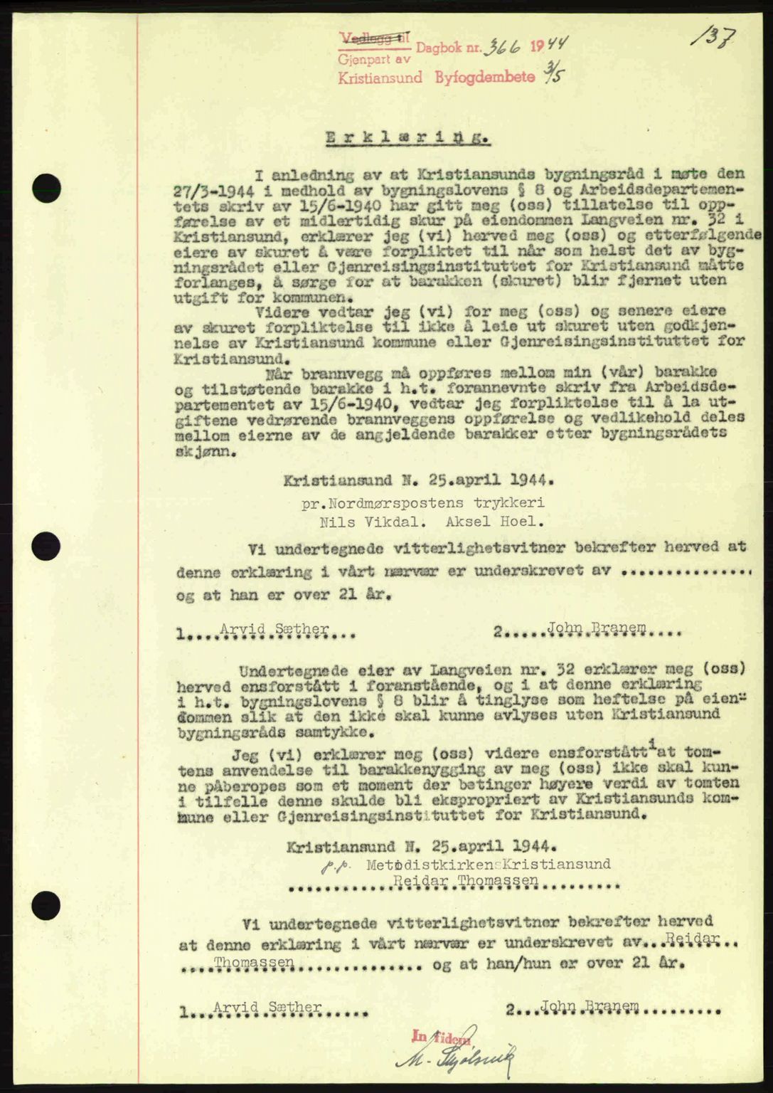 Kristiansund byfogd, SAT/A-4587/A/27: Mortgage book no. 37-38, 1943-1945, Diary no: : 366/1944
