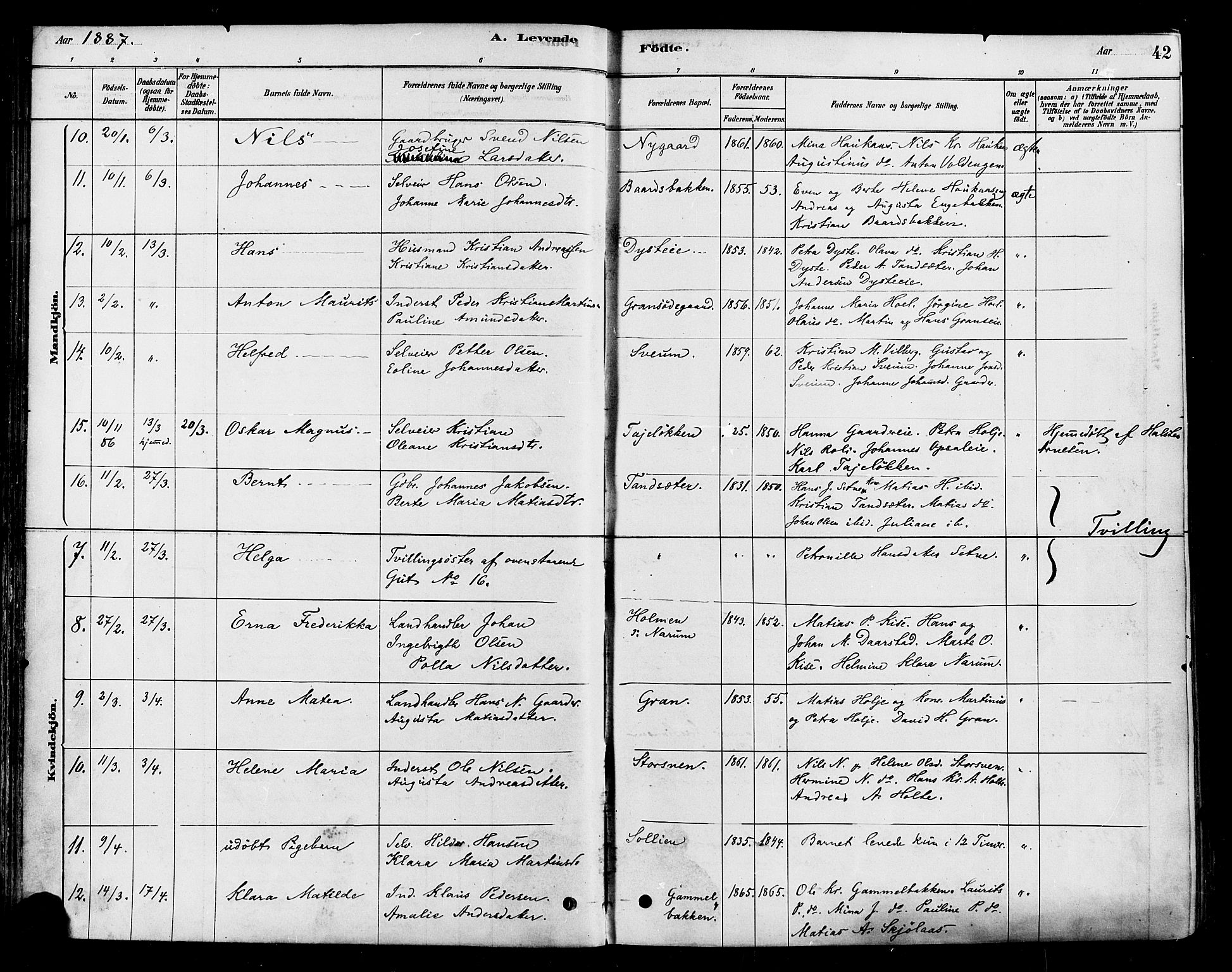 Vestre Toten prestekontor, AV/SAH-PREST-108/H/Ha/Haa/L0010: Parish register (official) no. 10, 1878-1894, p. 42