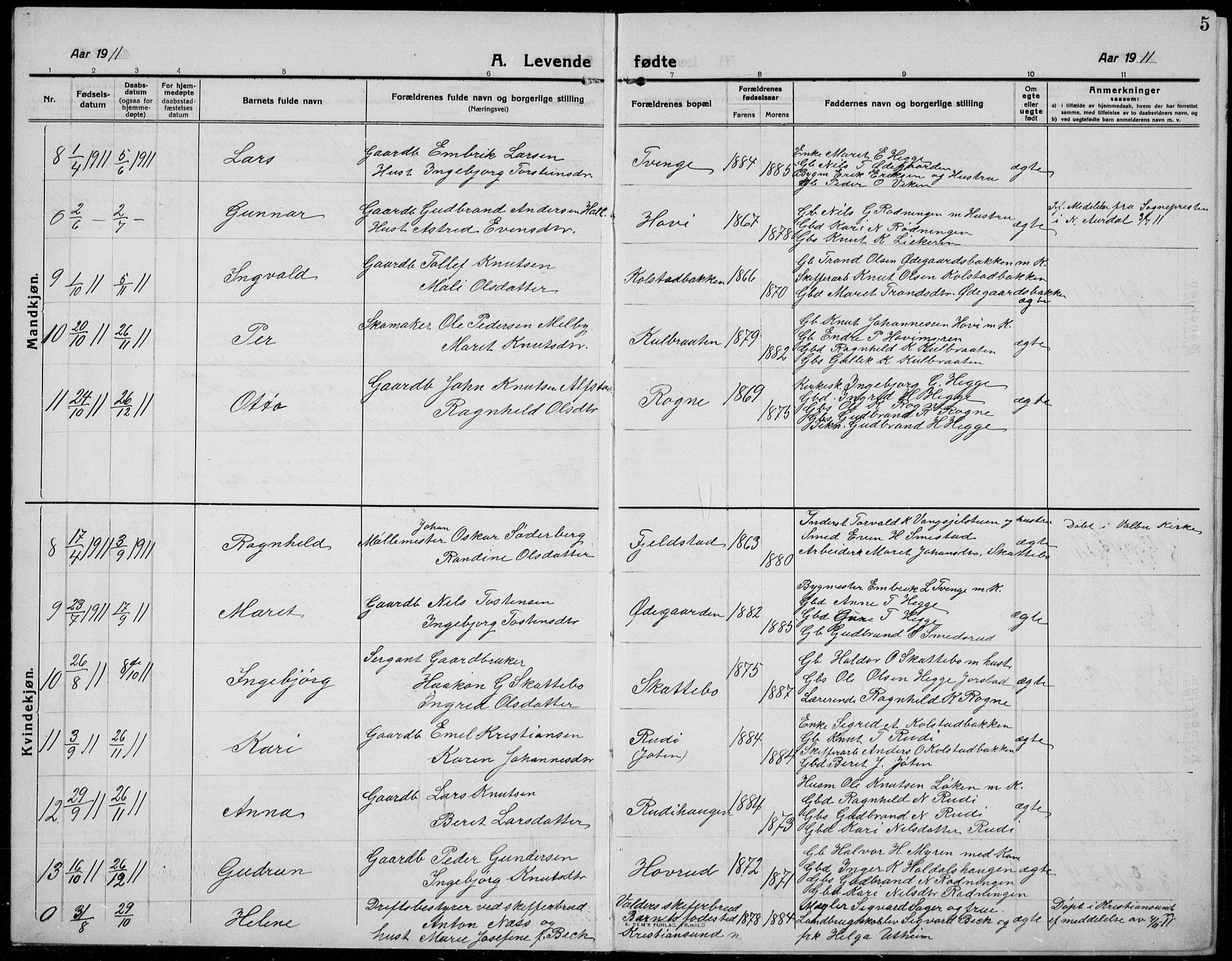 Øystre Slidre prestekontor, SAH/PREST-138/H/Ha/Hab/L0008: Parish register (copy) no. 8, 1911-1938, p. 5