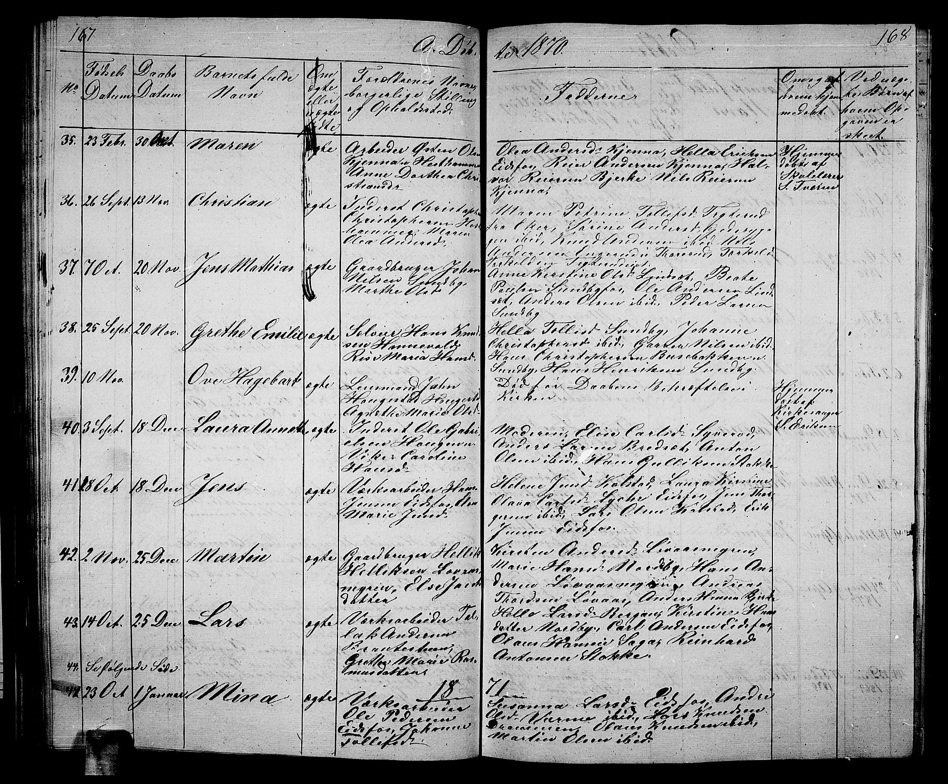 Hof kirkebøker, SAKO/A-64/G/Ga/L0002: Parish register (copy) no. I 2, 1859-1873, p. 167-168