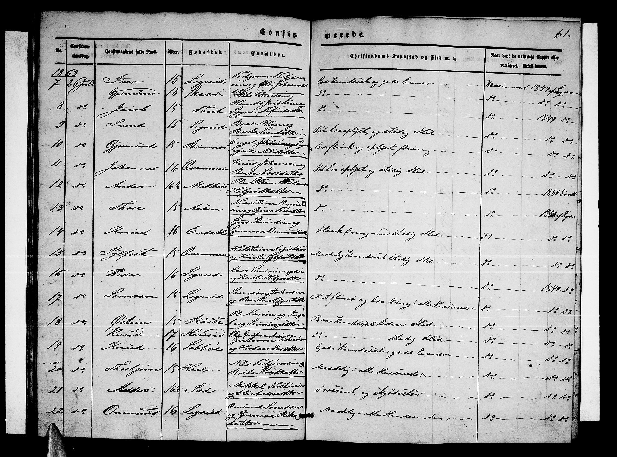 Ullensvang sokneprestembete, SAB/A-78701/H/Hab: Parish register (copy) no. C 1, 1855-1871, p. 61