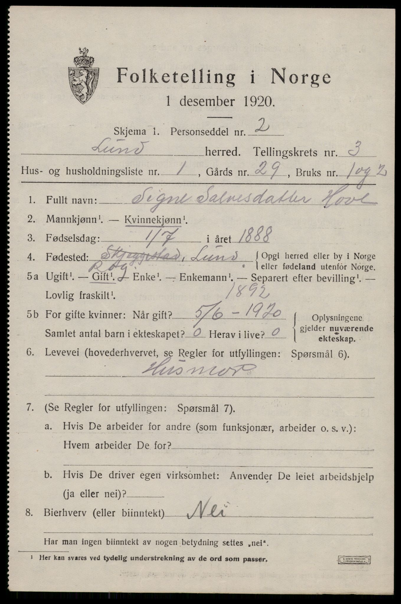 SAST, 1920 census for Lund, 1920, p. 1306