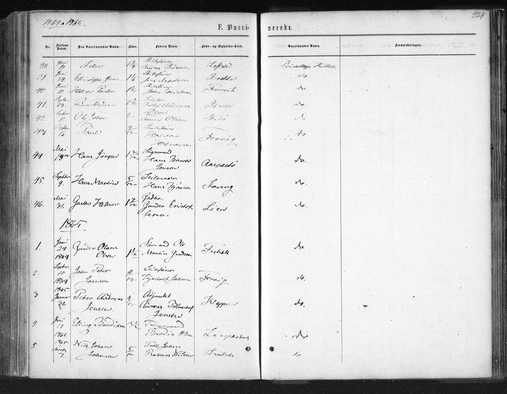 Tromøy sokneprestkontor, SAK/1111-0041/F/Fa/L0007: Parish register (official) no. A 7, 1864-1869, p. 424