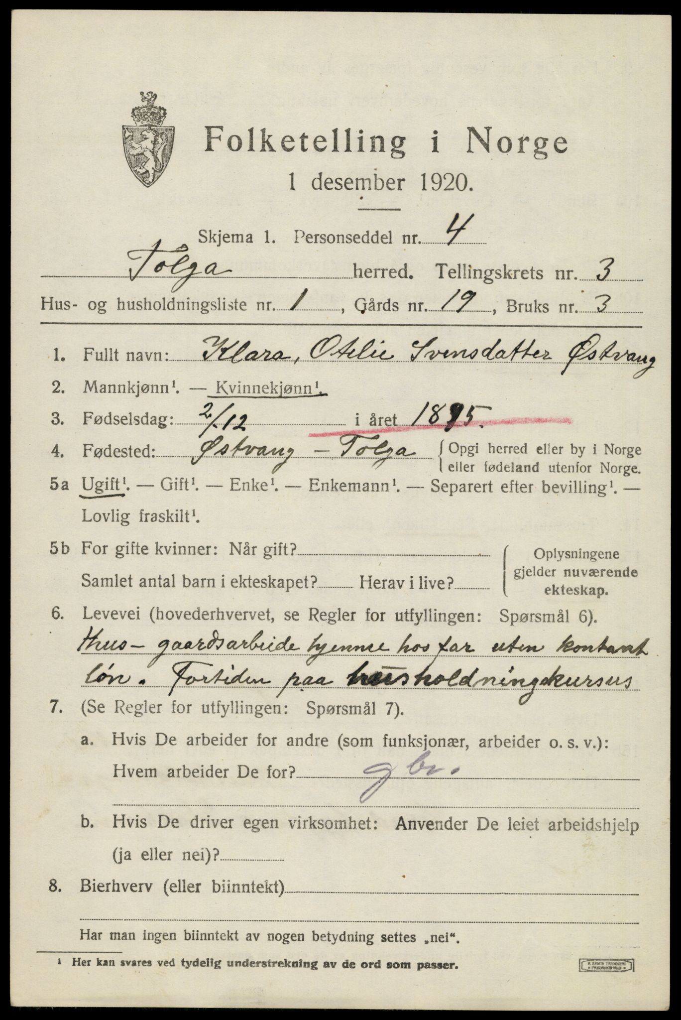 SAH, 1920 census for Tolga, 1920, p. 2229