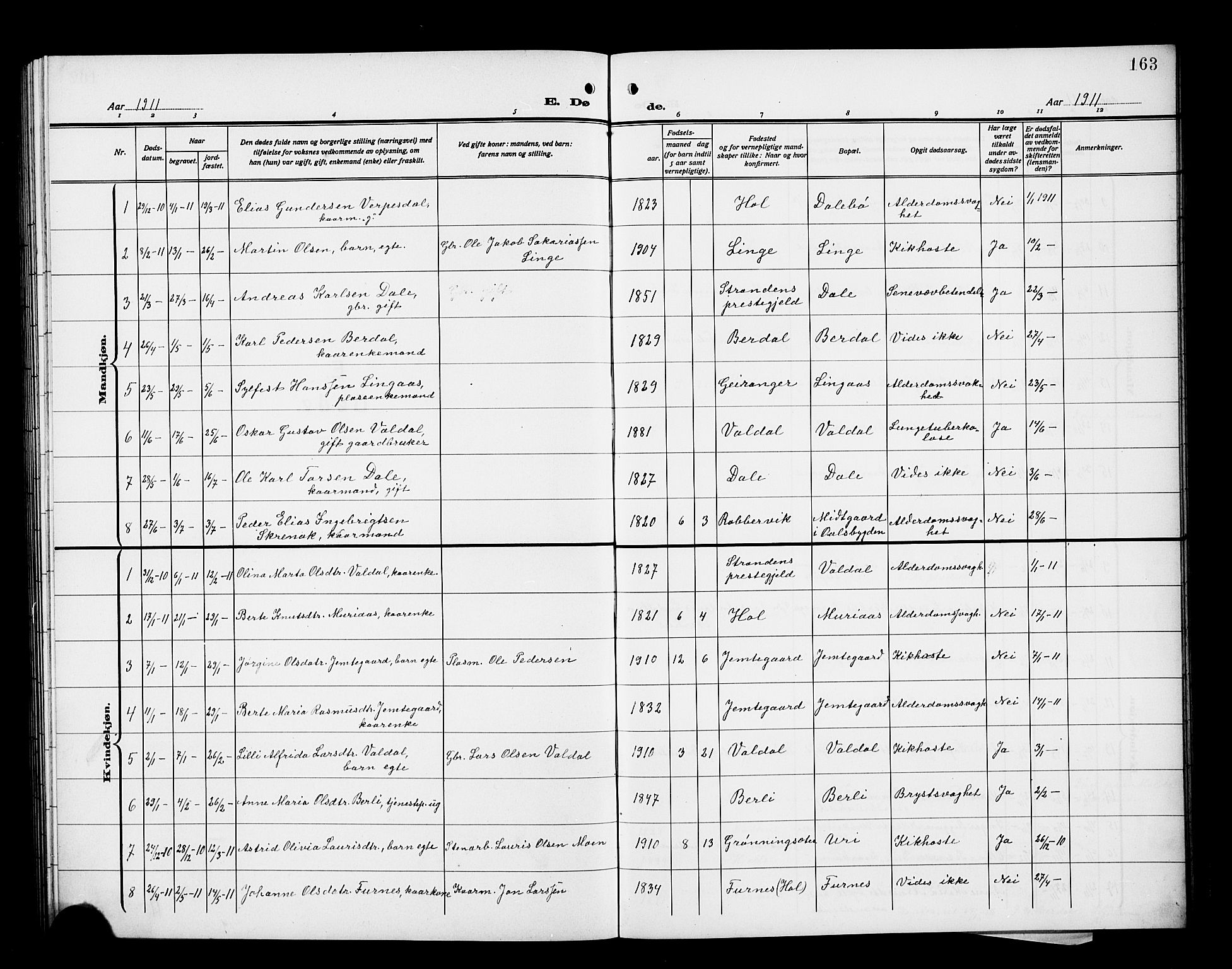 Ministerialprotokoller, klokkerbøker og fødselsregistre - Møre og Romsdal, SAT/A-1454/519/L0265: Parish register (copy) no. 519C06, 1911-1921, p. 163