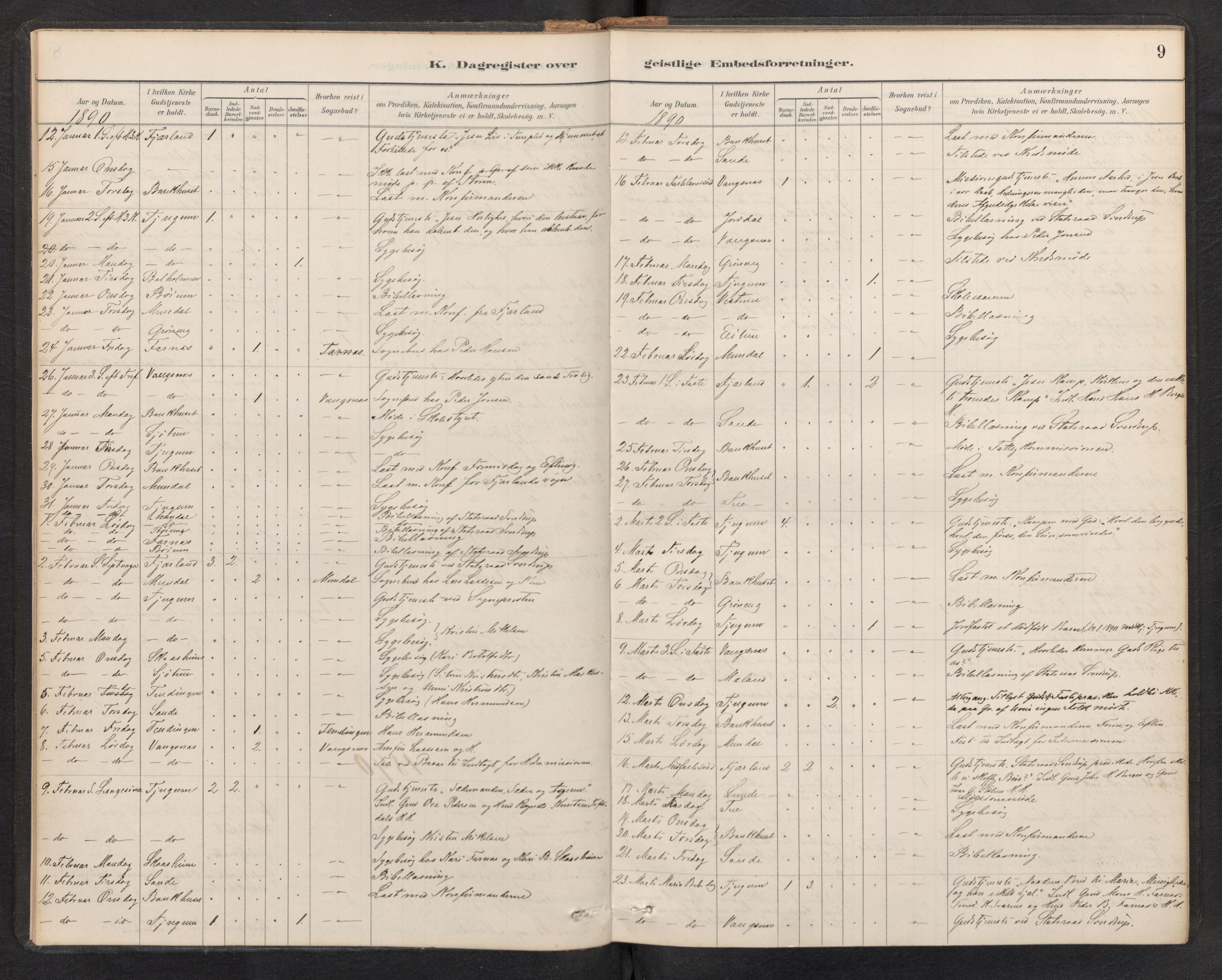 Balestrand sokneprestembete, AV/SAB-A-79601/H/Haa/Haag/L0001: Diary records no. G 1, 1889-1912, p. 8b-9a