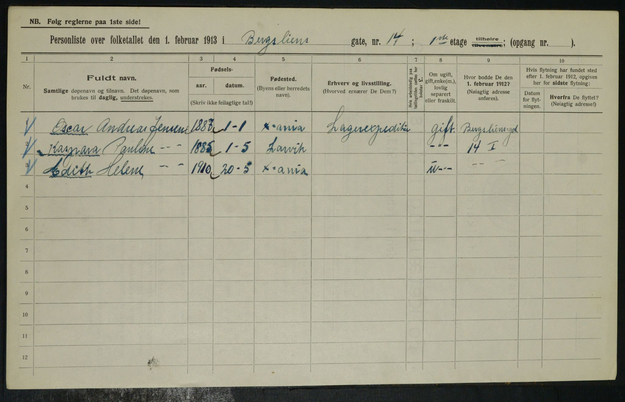 OBA, Municipal Census 1913 for Kristiania, 1913, p. 4167