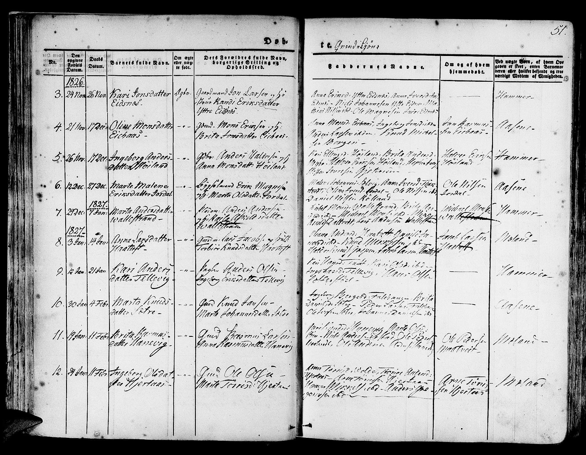 Hamre sokneprestembete, SAB/A-75501/H/Ha/Haa/Haaa/L0011: Parish register (official) no. A 11, 1826-1834, p. 51