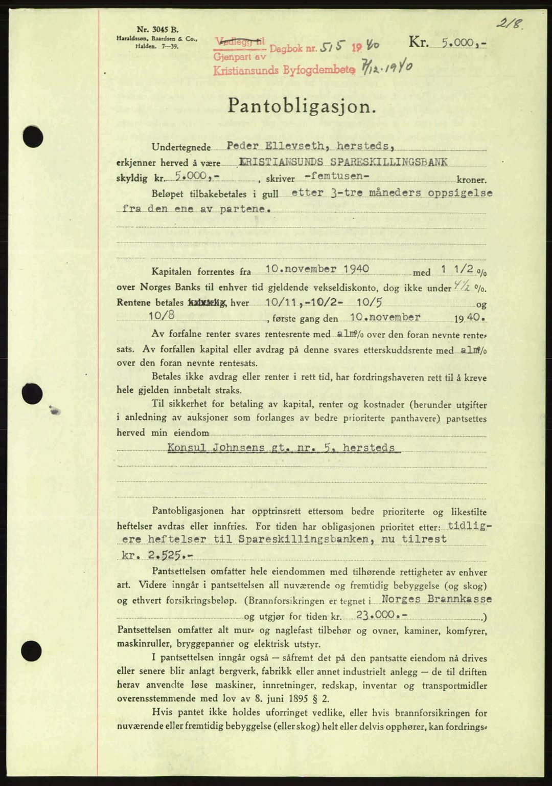 Kristiansund byfogd, AV/SAT-A-4587/A/27: Mortgage book no. 33, 1939-1941, Diary no: : 515/1940