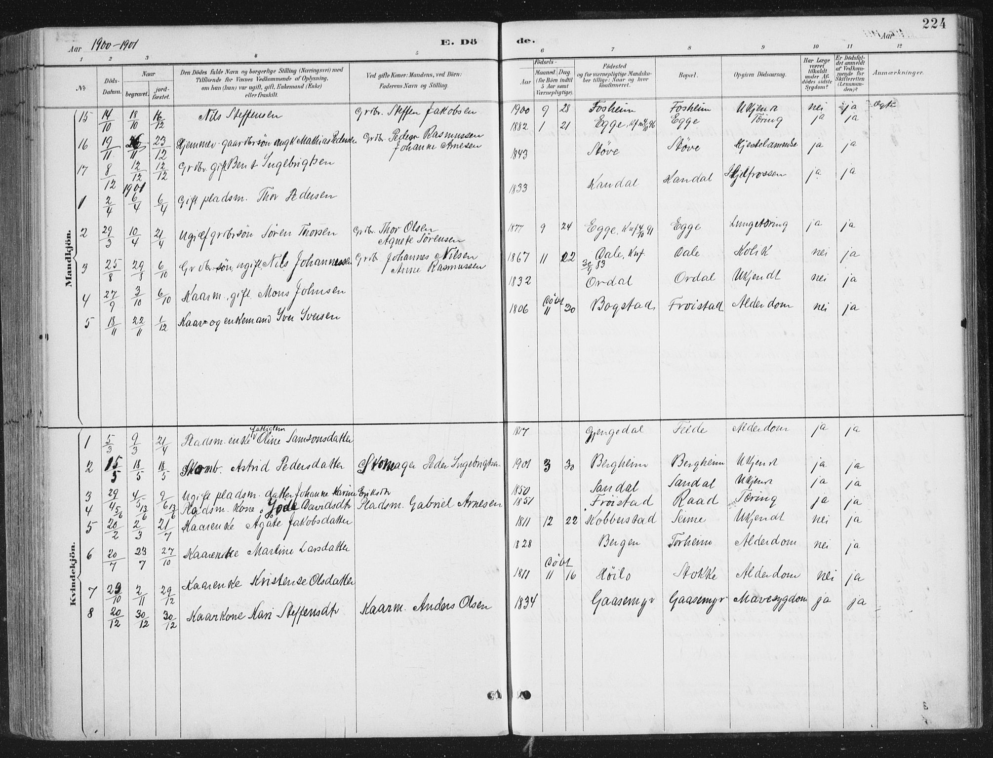 Gloppen sokneprestembete, SAB/A-80101/H/Haa/Haac/L0002: Parish register (official) no. C  2, 1887-1904, p. 224
