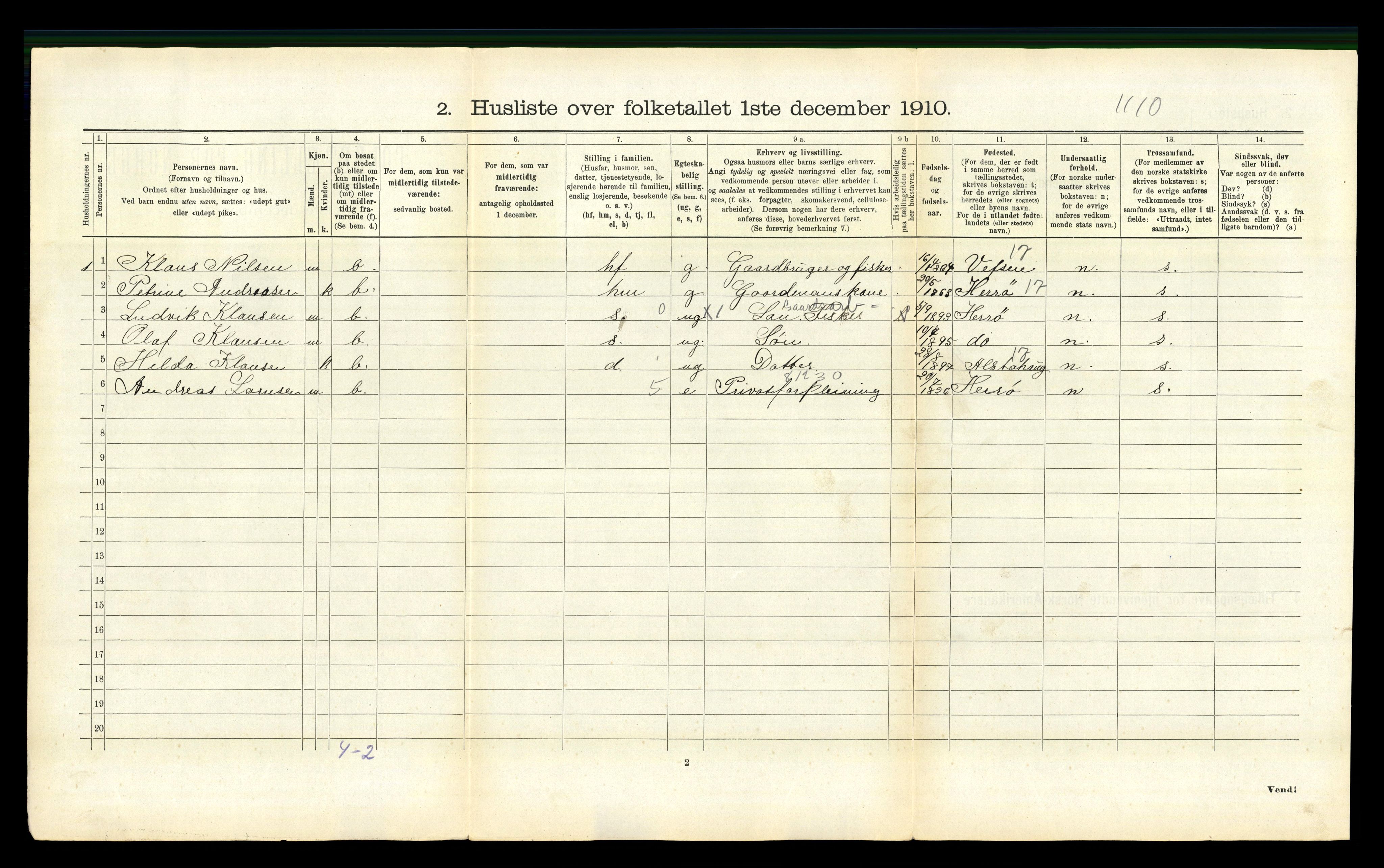 RA, 1910 census for Steigen, 1910, p. 630