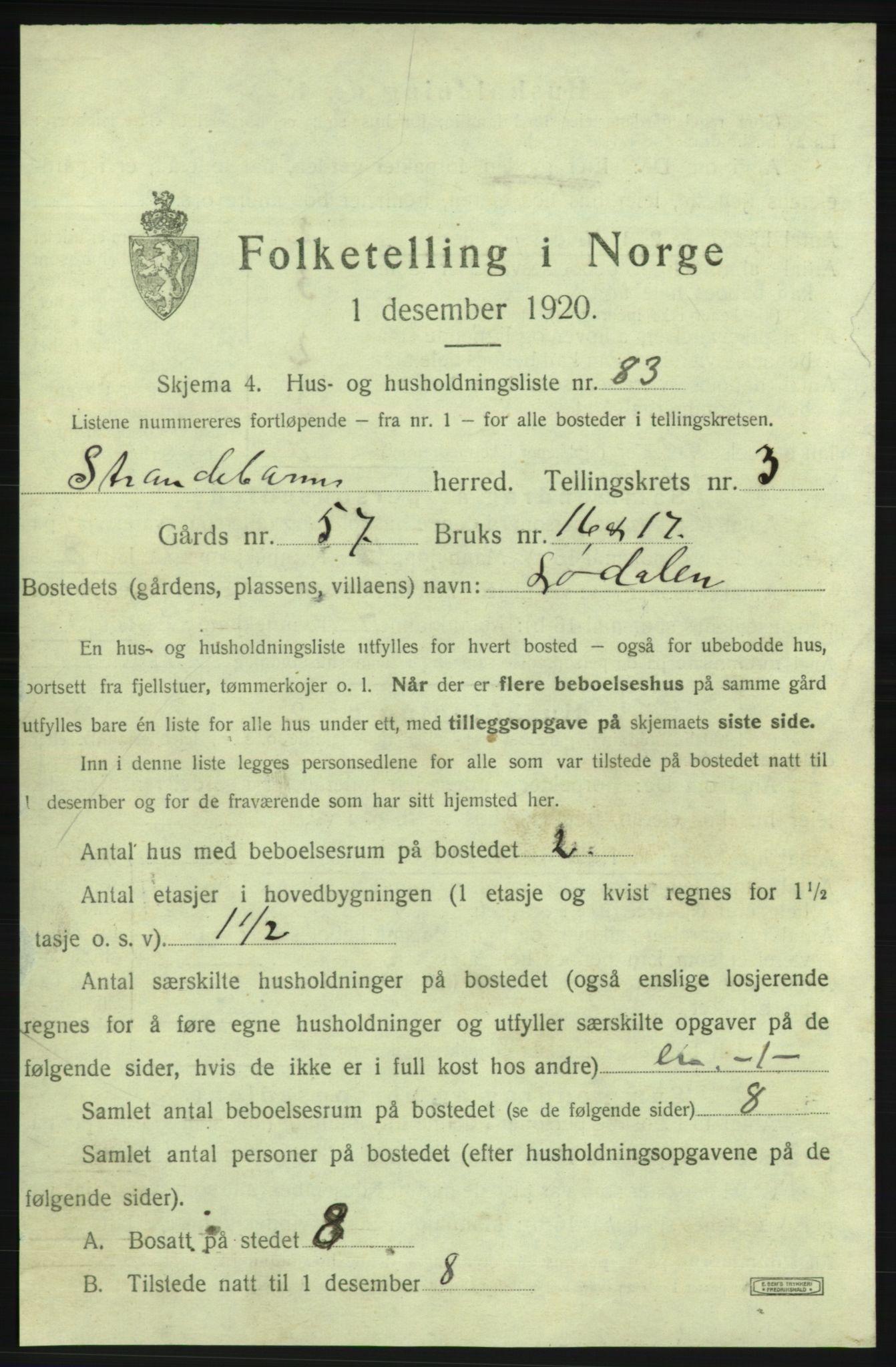 SAB, 1920 census for Strandebarm, 1920, p. 862