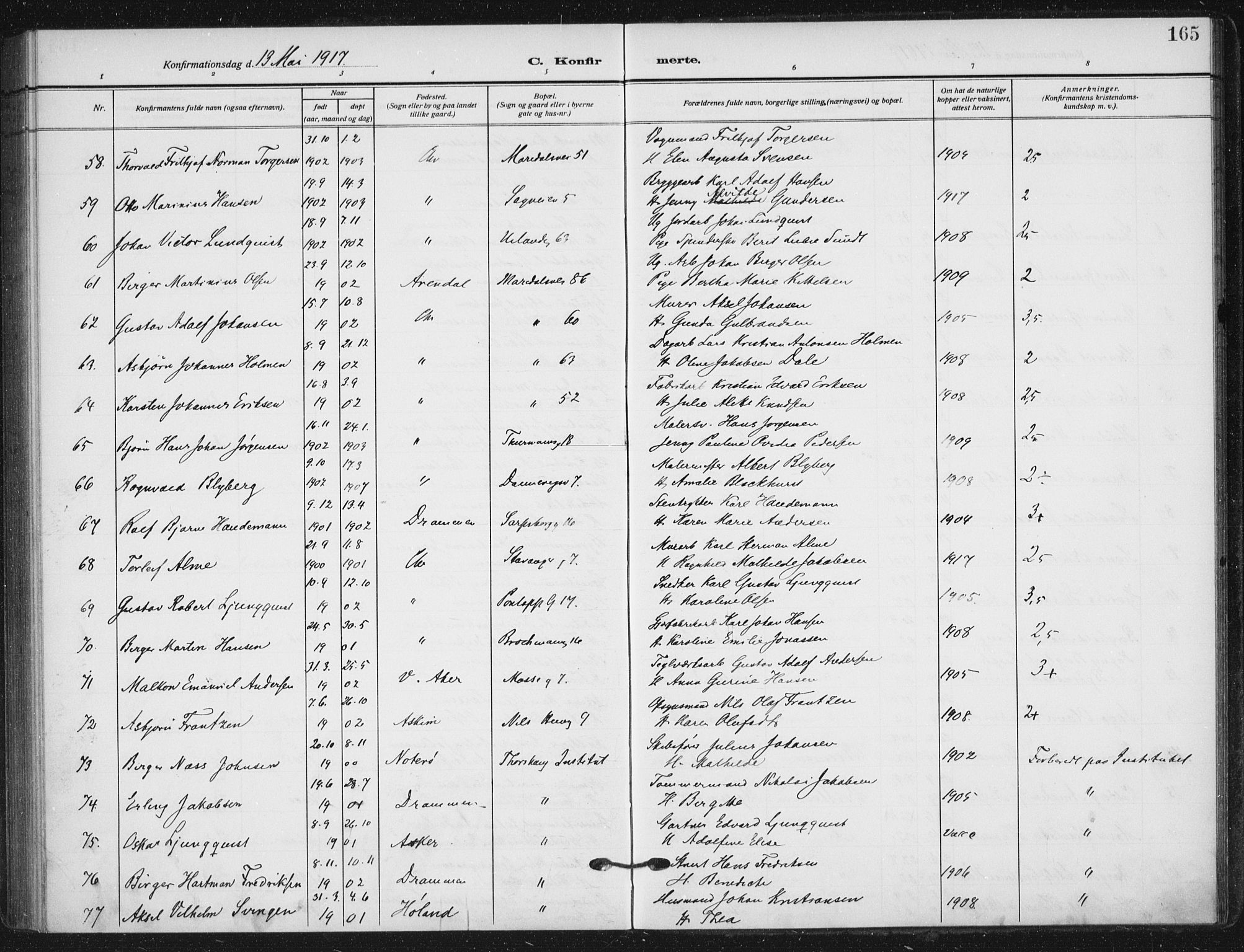 Sagene prestekontor Kirkebøker, AV/SAO-A-10796/F/L0008: Parish register (official) no. 8, 1910-1919, p. 165