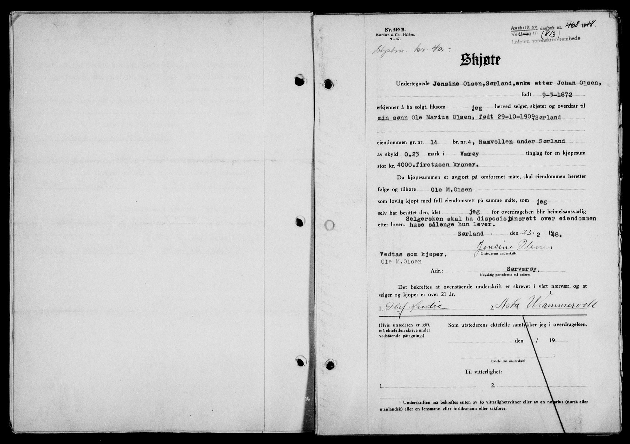 Lofoten sorenskriveri, SAT/A-0017/1/2/2C/L0018a: Mortgage book no. 18a, 1948-1948, Diary no: : 468/1948